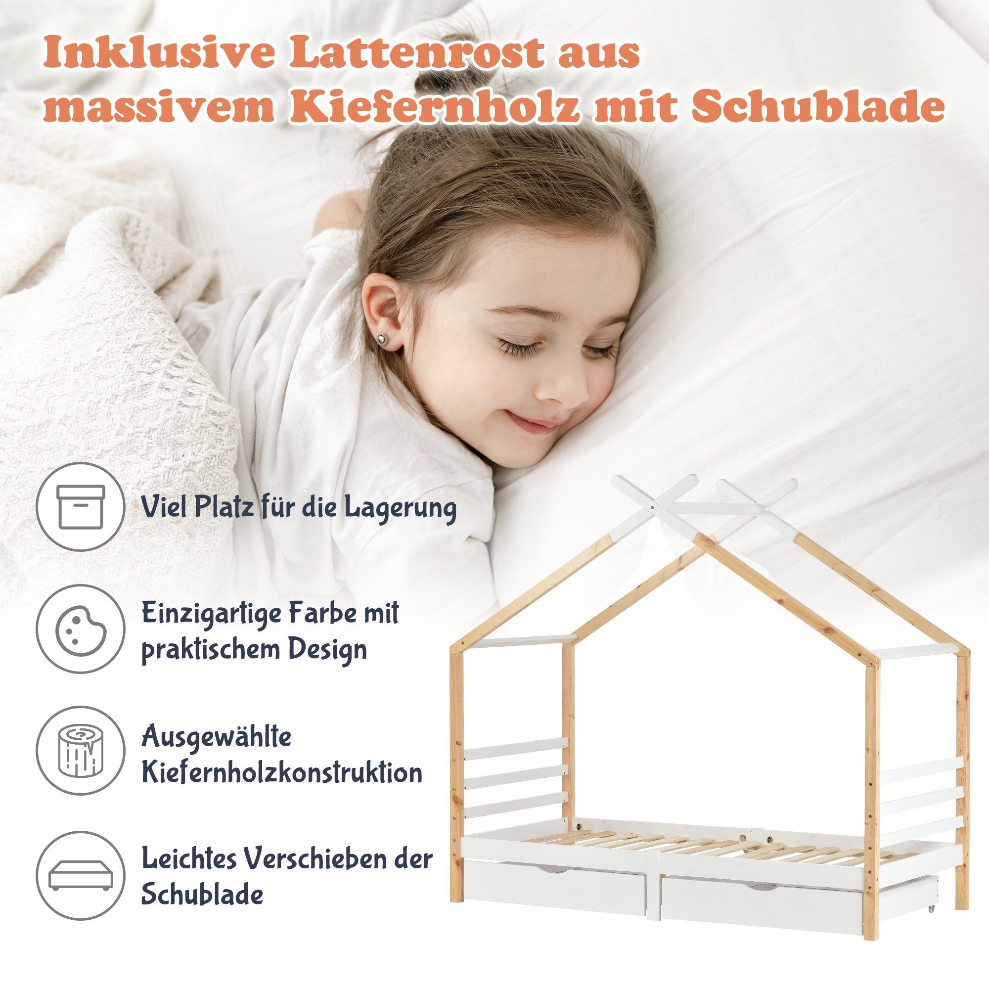 Kinderbett holz, Hausbett Schubladen+Lattenrost Kiefernholz, Einzelbett Hausbett weiß+holzfarbe 90x200cm Gotagee mit