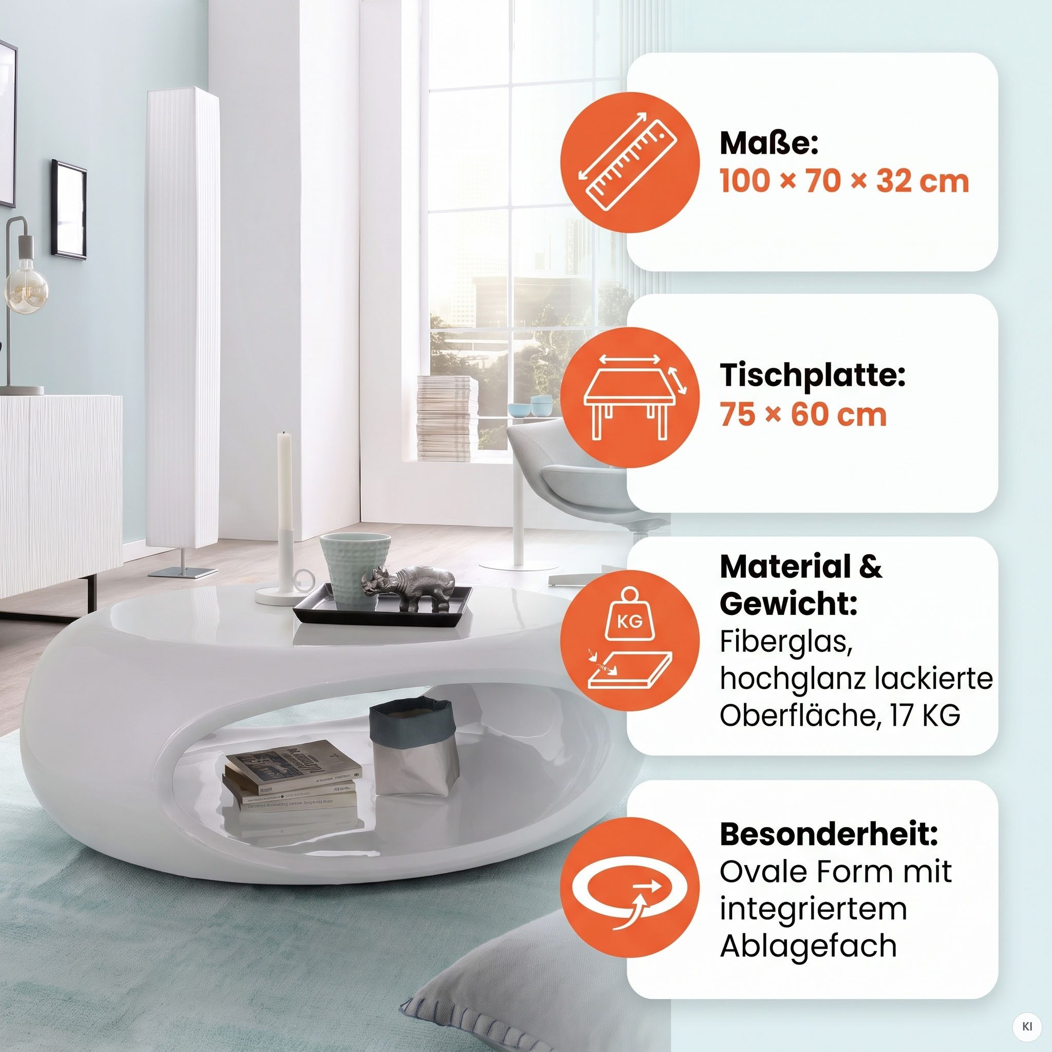 SalesFever Couchtisch Coffeetable im minimalistischen Stil, komplett aus hochwertigem Fiberglas