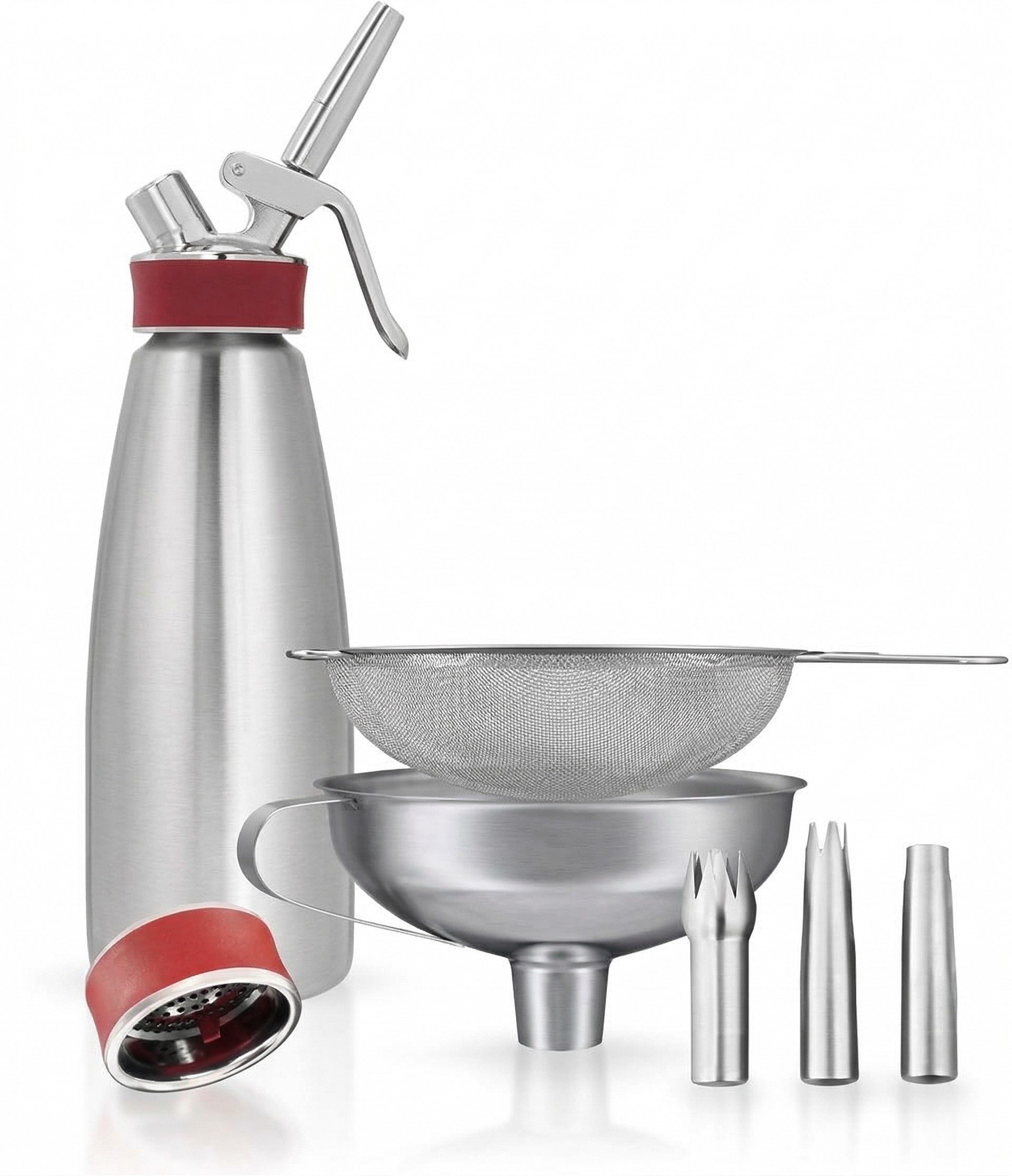 iSi Sahnesyphon Gourmet Whip 1 L Set mit Tüllen, Trichter, Sieb & Verschlusskappe, Edelstahl, (Spar-Set, 67-tlg) Mit Zubehör, Für kalte und warme Gerichte, Viele Anwendungen