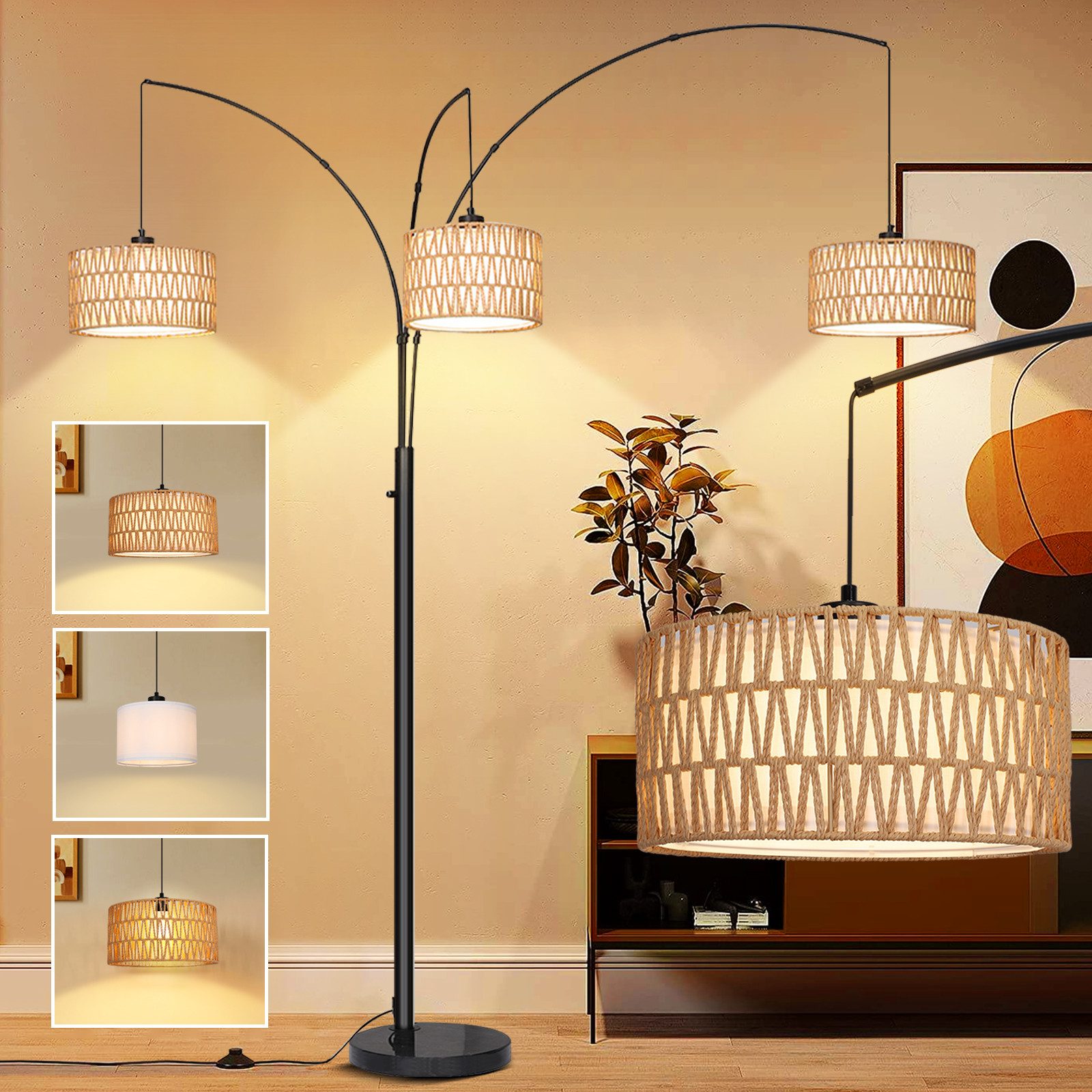 Stehlampe Rattan Stehlampe Wohnzimmer,3-flammige Vintage Stehleuchte mit Regal