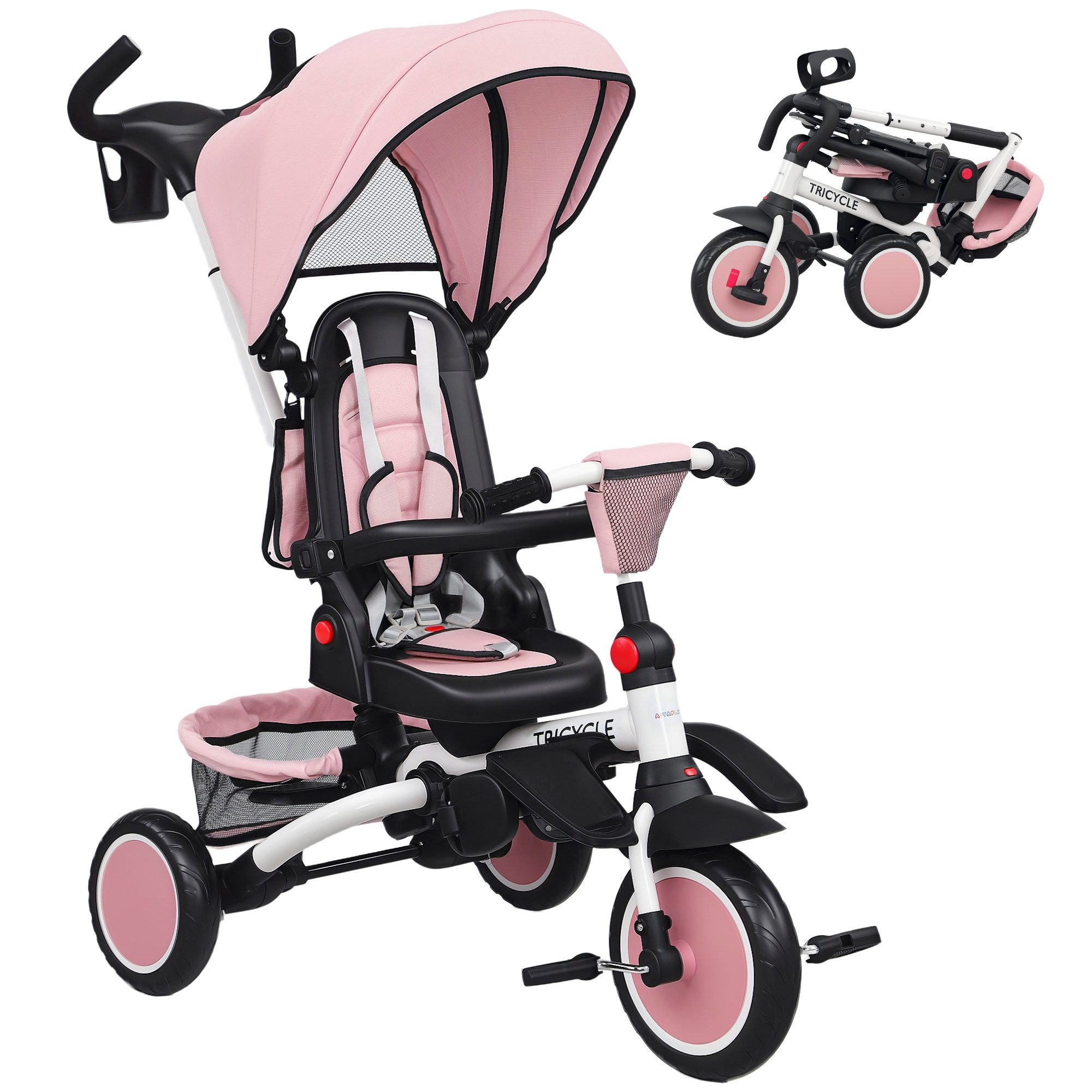 kowdom Dreirad 6-in-1 Kinderdreirad, 360° Sitz, Schiebegriff, faltbar, rosa, 6-in-1 Kinderdreirad, 360° Sitz, 1-5 Jahre, 25 kg Belastbarkeit