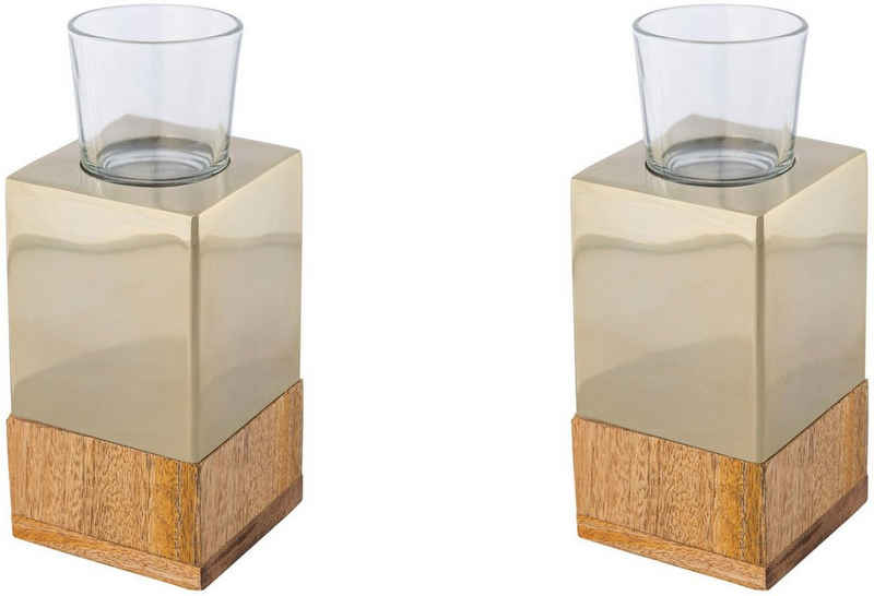 Creativ home Teelichthalter Kerzenhalter Tower (Set, 2 St), aus Holz, Edelstahl und Glas