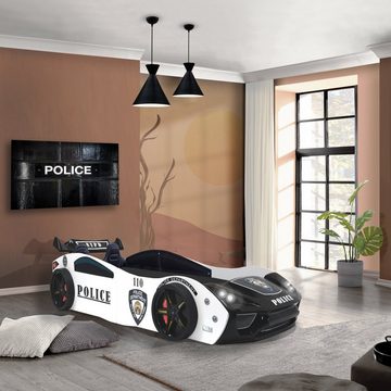 Aileenstore Autobett Police (inkl. Sportsitze, Lattenrost, Heckspoiler und LED Licht), Kinderbett 90 x 200 cm, Spielbett als Polizeiauto Rennwagenbett