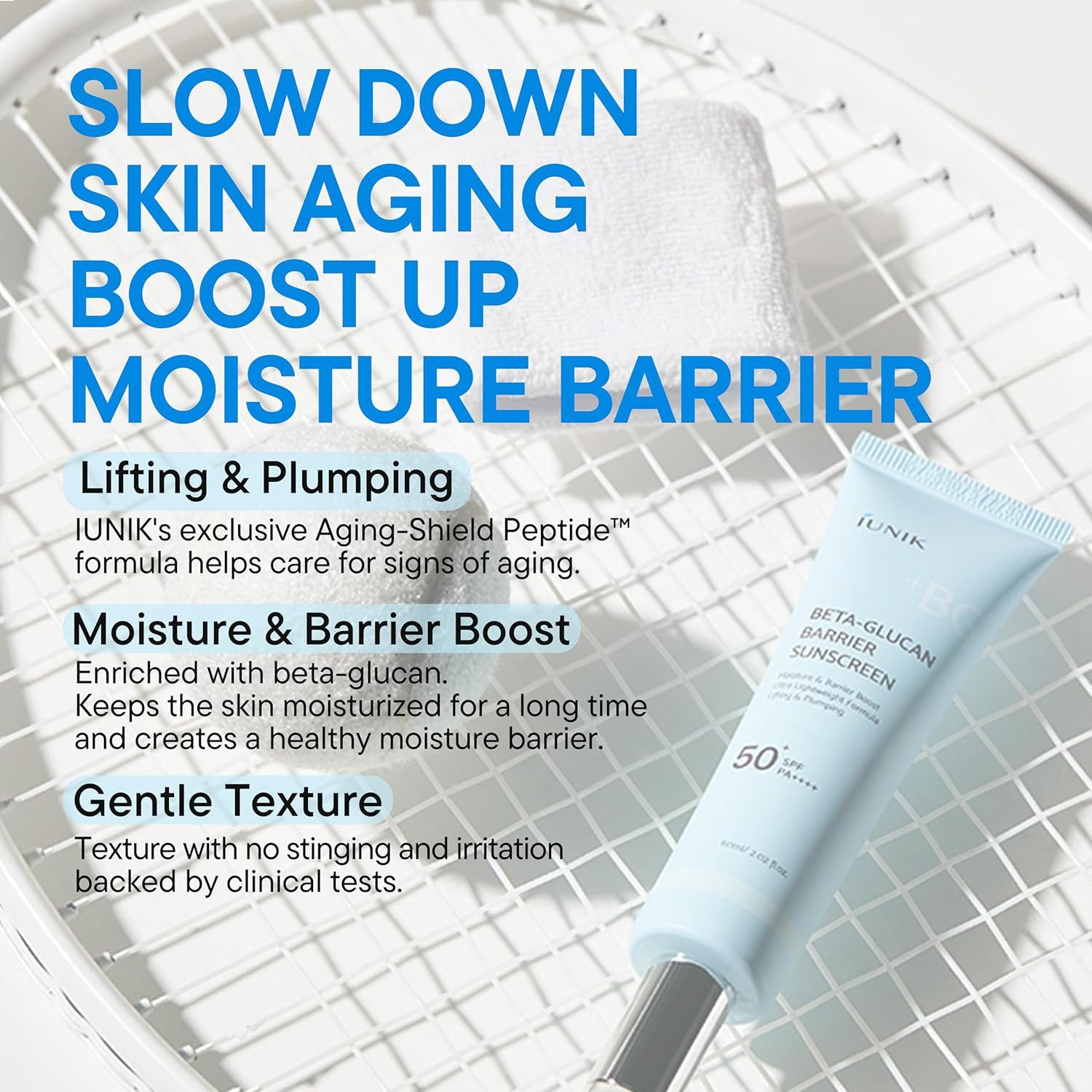 iUnik Sonnenschutzcreme Beta-Glucan Barrier Sunscreen 60ml SPF 50+ PA++++ – Sonnenschutz mit, Beta-Glucan, Aging-Shield Peptide, leichte K-Beauty Sonnencreme, für empfindliche Haut, kein Weißschleier, vegan, parfümfrei