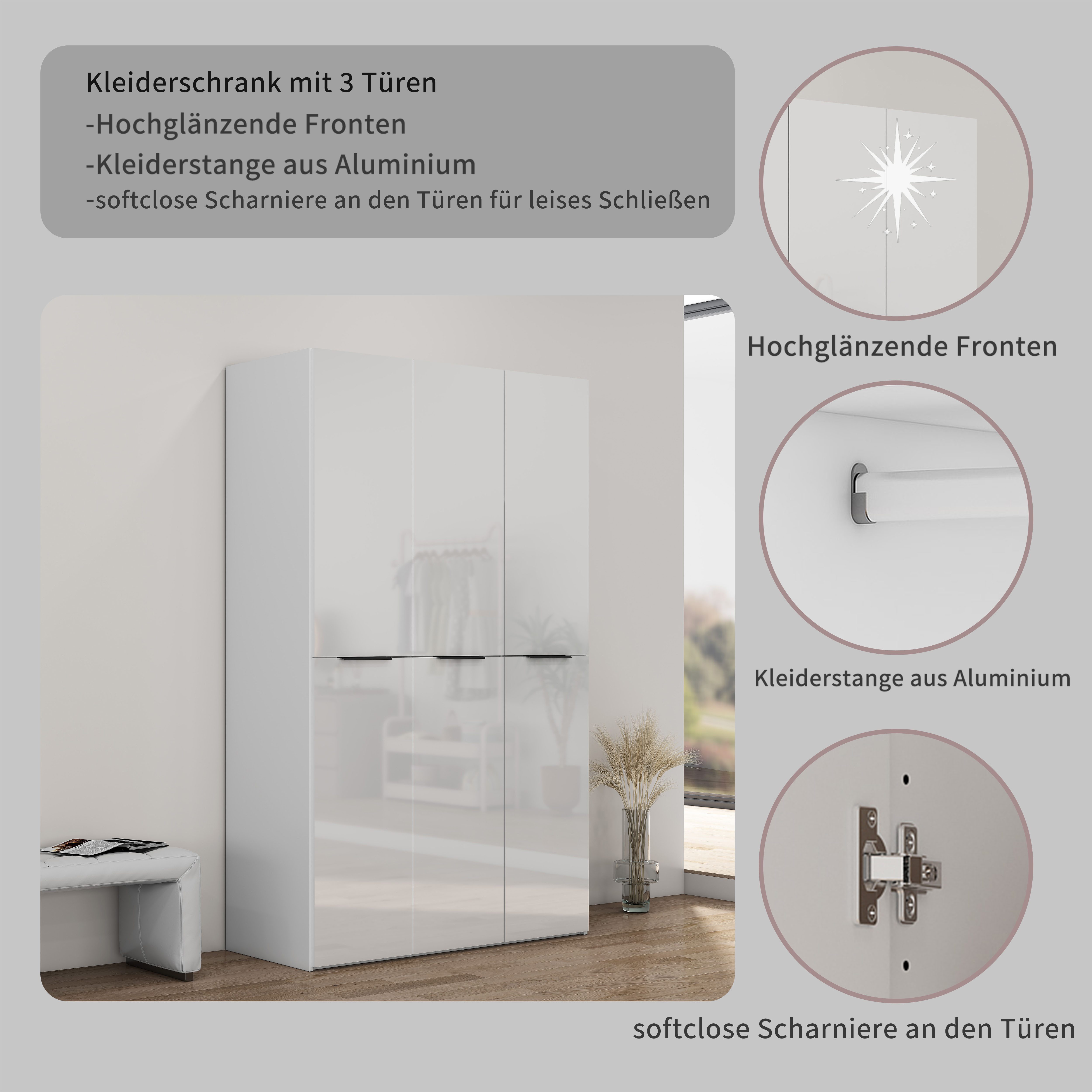 OTTO home Kleiderschrank Skyller Schlafzimmerschrank mit 3 Türen mit Hochglanzfronten Drehtürenschrank mit perfekter Innenausstattung, Breite 121 cm – Bild 4 von 5