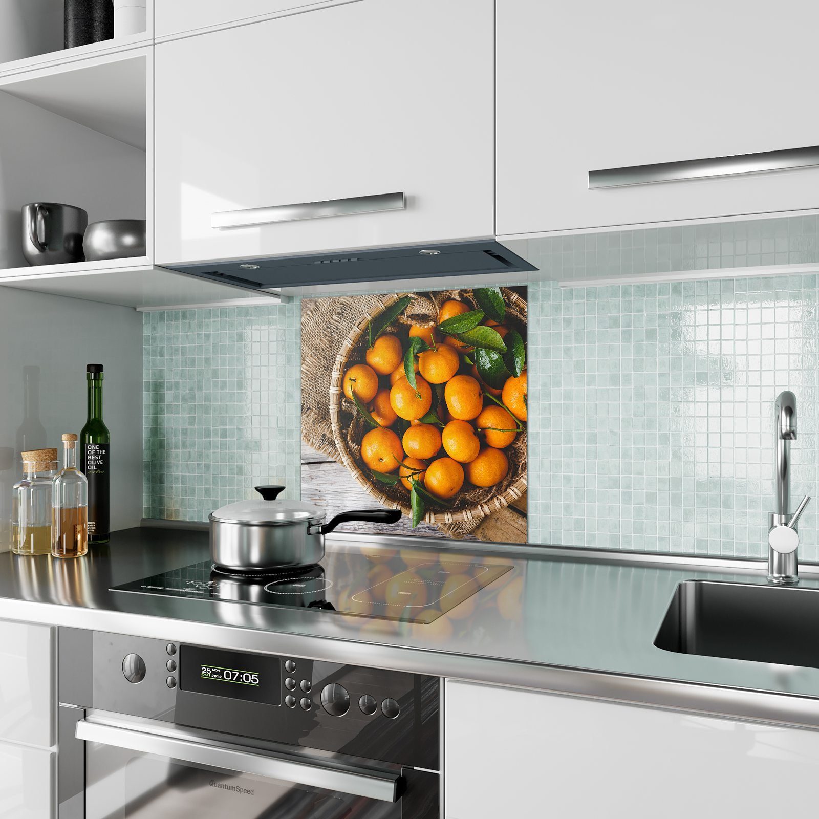 Primedeco Küchenrückwand Küchenrückwand Spritzschutz Motiv Korb Mandarinen Glas im mit
