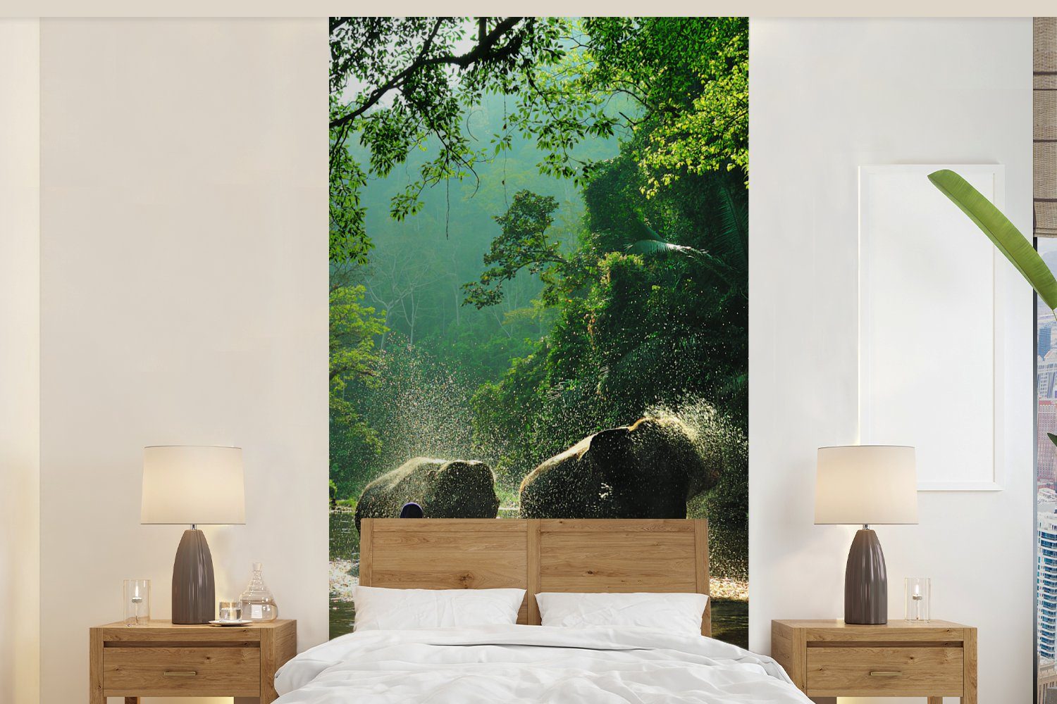 Wasser Wohnzimmer Matt, St), Vliestapete Tiere, MuchoWow für (2 Bäume Elefant - Fototapete Küche, Schlafzimmer Fototapete - - - Grün bedruckt,