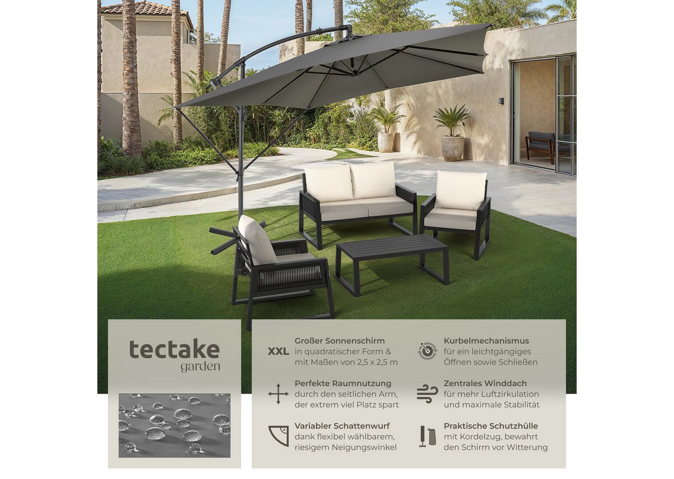 Thumbnail - tectake Ampelschirm Sonnenschirm, geeignetes Set für Terrasse oder Garten, Parasol inkl. Windsicherung und Schutzhülle, ...
