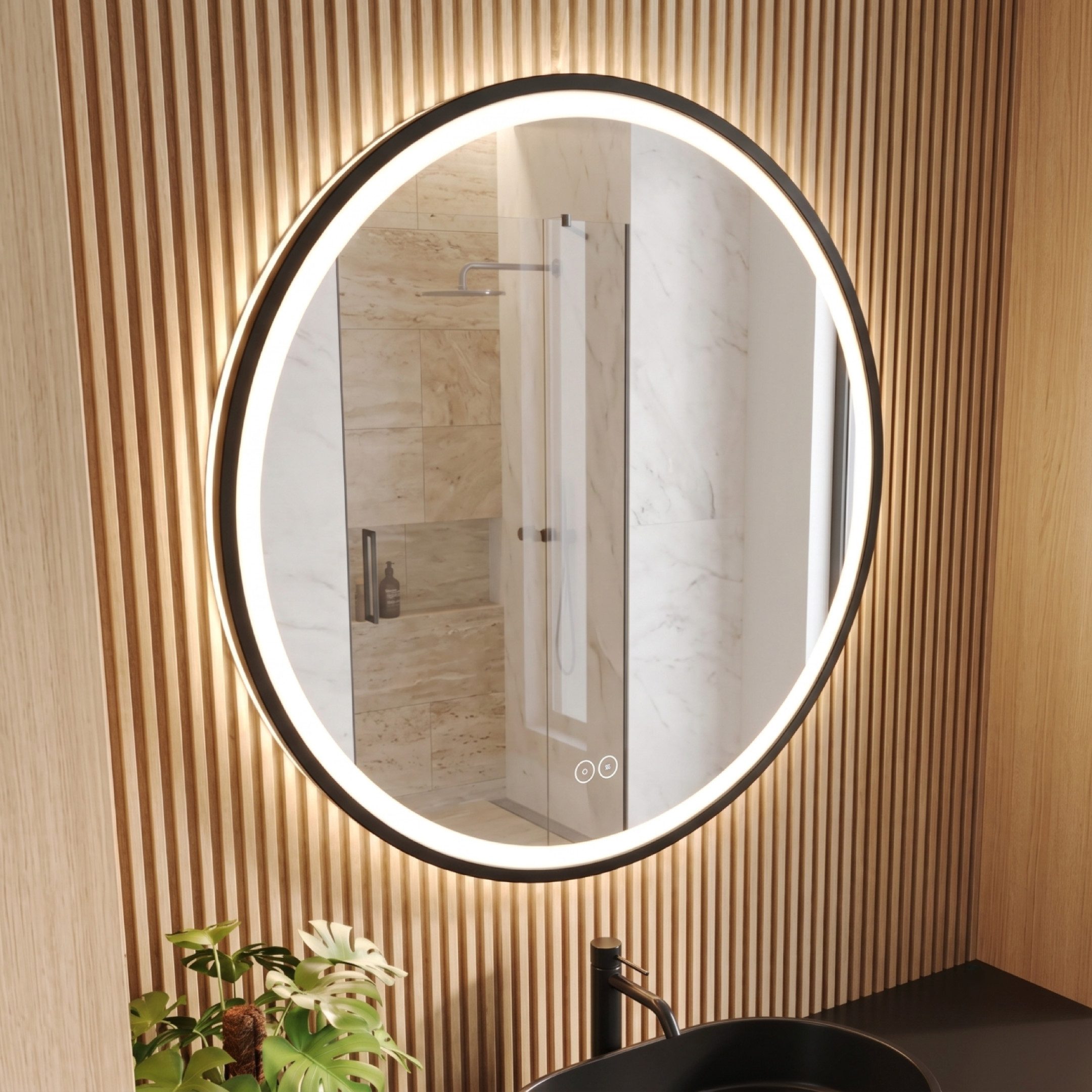 Intarbad Badspiegel Design Spiegel mit Licht rund mit Alu-Rahmen, schwarz matt (80 bis 90 cm ∅ LED-Spiegel, Touch-Steuerung, stufenlos dimmbar, integrierte Heizung mit 30-Minuten Abschaltautomatik, Rahmen abnehmbar), Vormontierter Badezimmerspiegel, Made in Germany