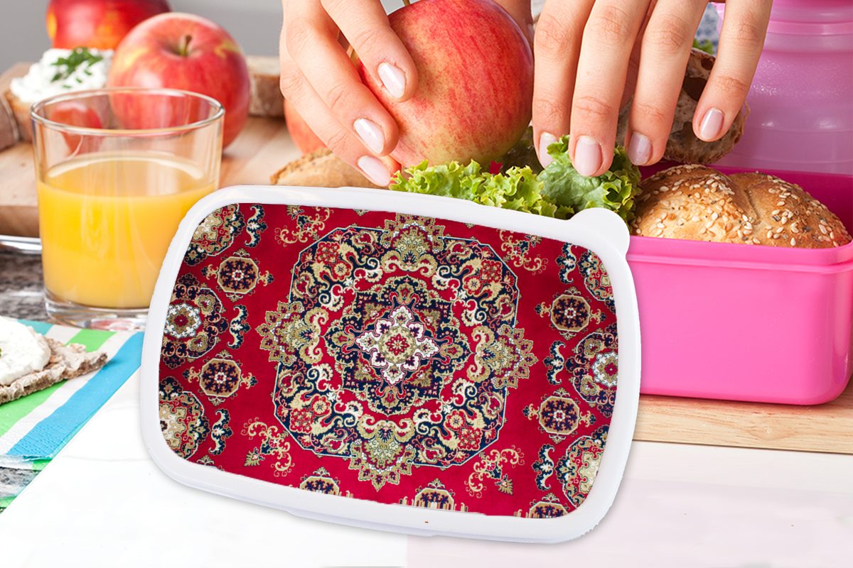Kinder, Teppiche Rot, - Snackbox, Kunststoff, für - Brotdose Lunchbox MuchoWow Mandala Teppiche Mädchen, Brotbox (2-tlg), Persische - Kunststoff Erwachsene, rosa