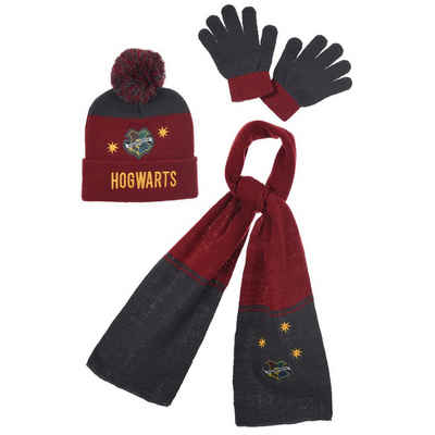 Harry Potter Bommelmütze Harry Potter Hogwarts Kinder Jugend 3tlg Winter Set (3-St) Mütze plus Schaal Handschuhe