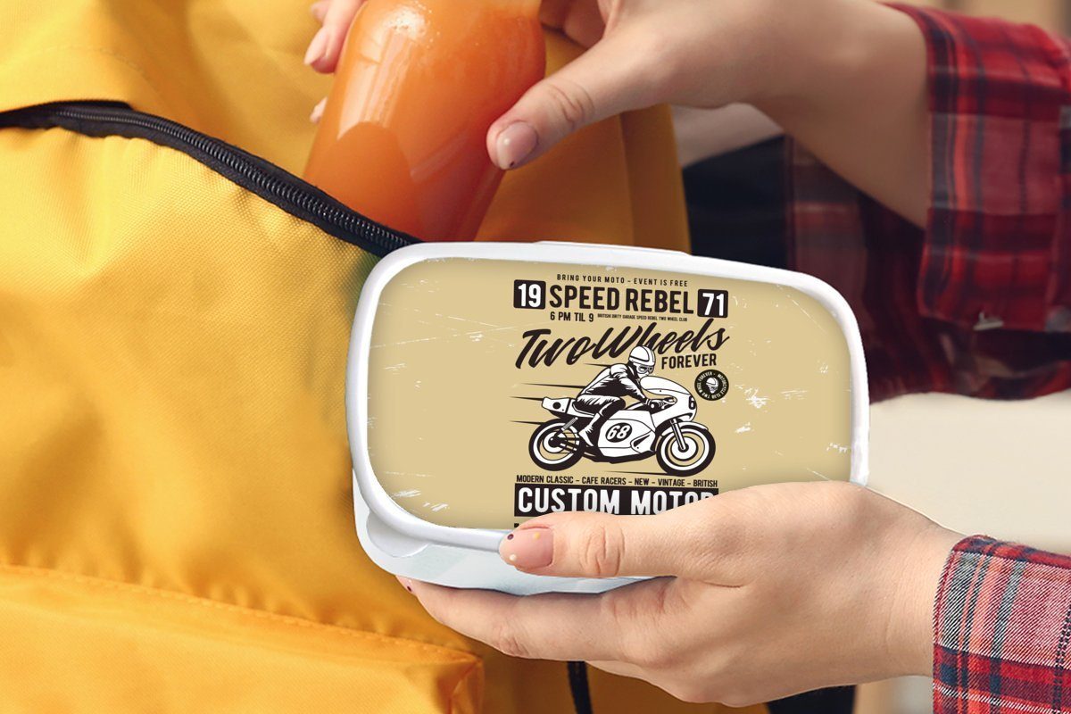 MuchoWow Lunchbox Zitat, Kinder Zeichnung Jungs für Vintage Mädchen Erwachsene, - weiß Brotbox - für Brotdose, und Motorrad Kunststoff, - (2-tlg), und