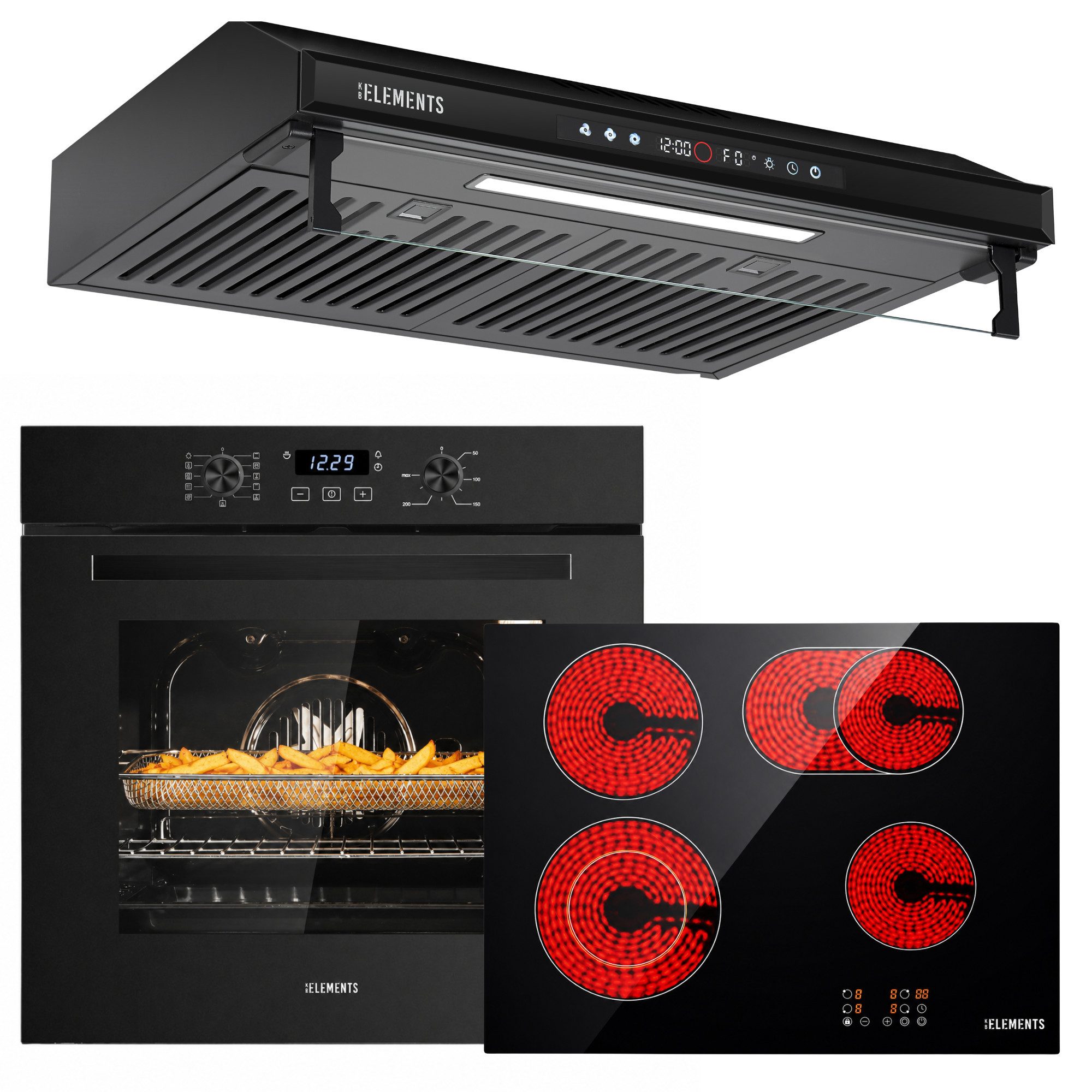 KB Elements Backofen-Set Einbaubackofen 60 cm mit 4-Zonen Glaskeramik Kochfeld 60 cm, Steam Clean, Air Fry, Circle Fan Heater, Steam Clean, Flexzone