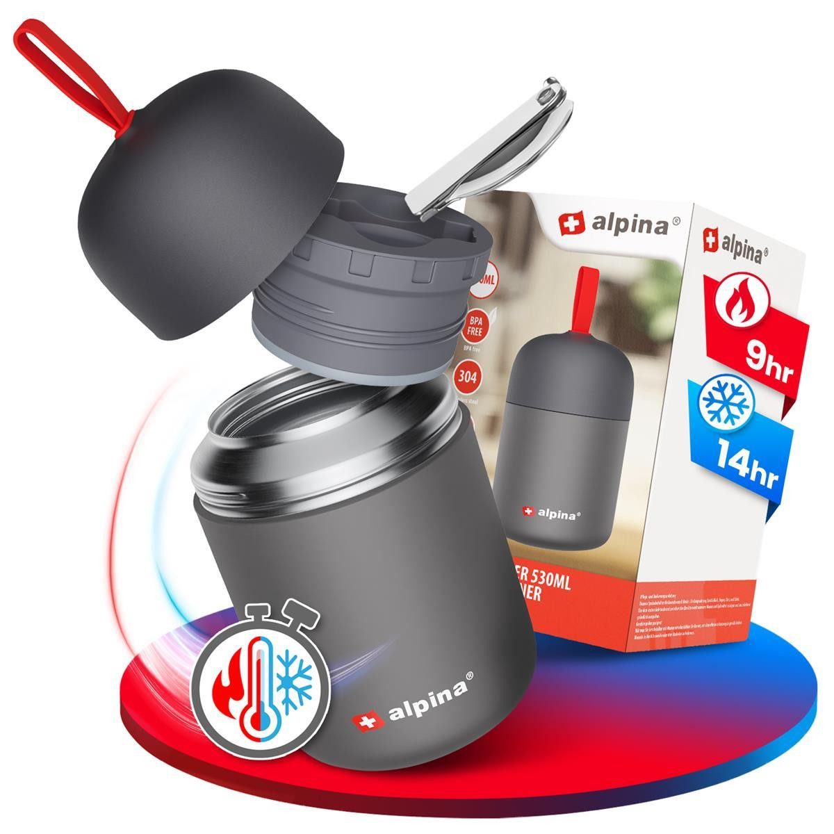 Alpina Thermobecher Thermobehälter Thermo Becher Essensbehälter Lunchbox 530 ml, Edelstahl, mit Druckausgleich und faltbarem Löffel hält extra lange warm/kalt – Bild 2 von 5