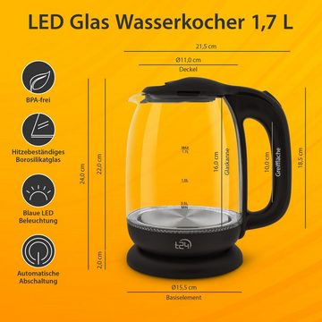 T24 Wasserkocher Borosilikatglas Wasserkocher mit LED 2200 Watt 1,7 Liter THV schwarz, 1.7 l, 2200 W