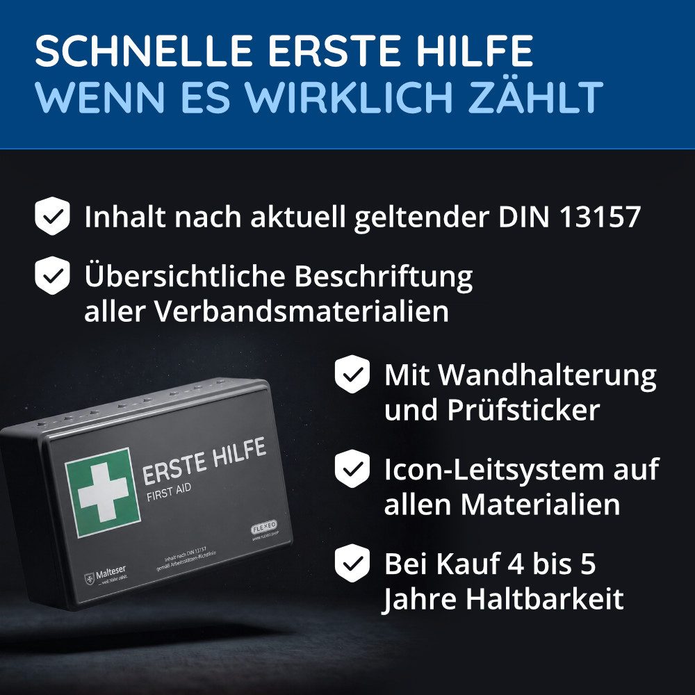 FLEXEO Erste-Hilfe-Koffer DIN 13157, Betriebsverbandkasten inkl. Wandhalterung, grau