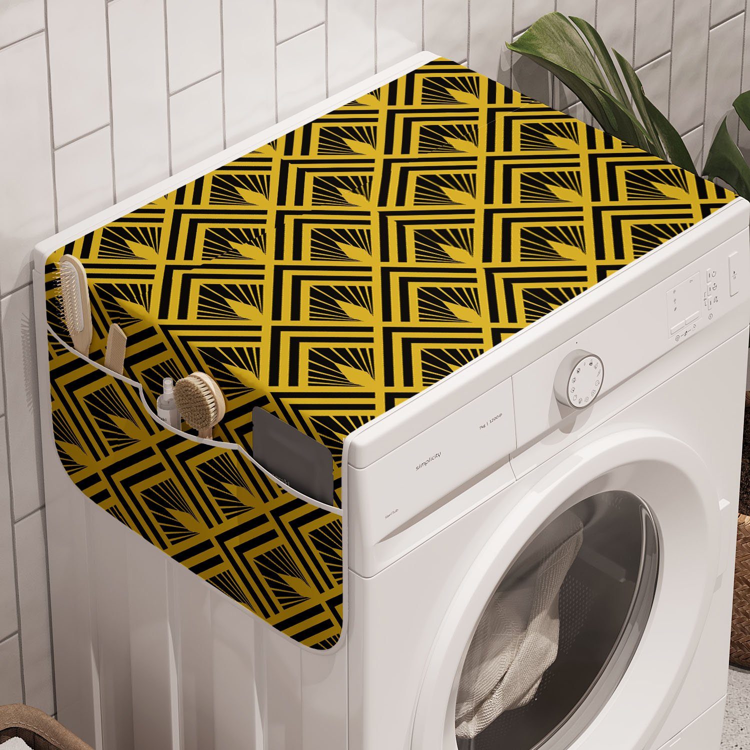 Abakuhaus Badorganizer Anti-Rutsch-Stoffabdeckung für Waschmaschine und Trockner, Gelb und Schwarz Art Deco inspiriertes Design