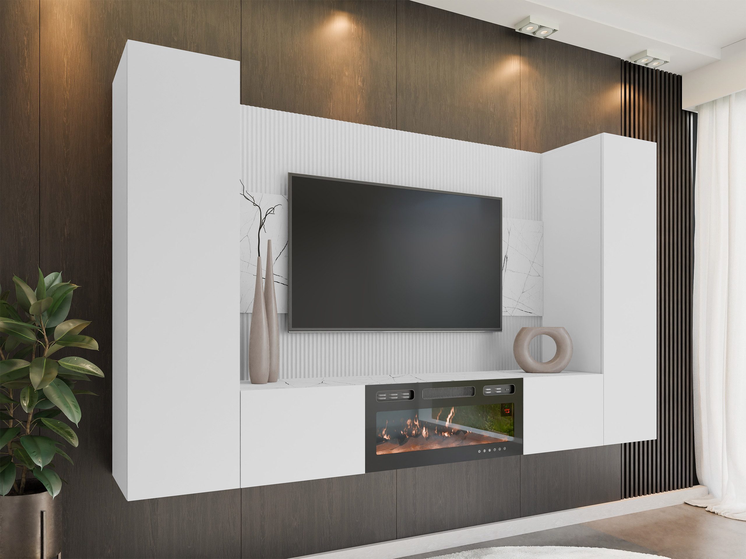 MIRJAN24 Wohnwand Deromi V mit Kamin, (4er-Set, TV-Lowboard mit Wandpaneel, 2x Hängeschrank), Realistische LED-Flamme, Push to open