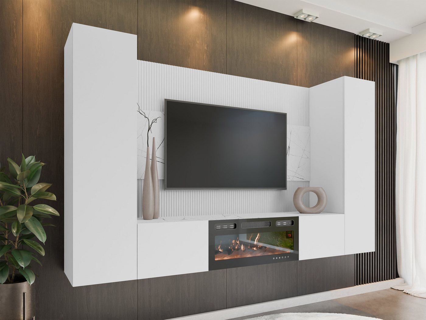 MIRJAN24 Wohnwand Deromi V mit Kamin, (4er-Set, TV-Lowboard mit Wandpaneel, 2x Hängeschrank), Realistische LED-Flamme, Push to open