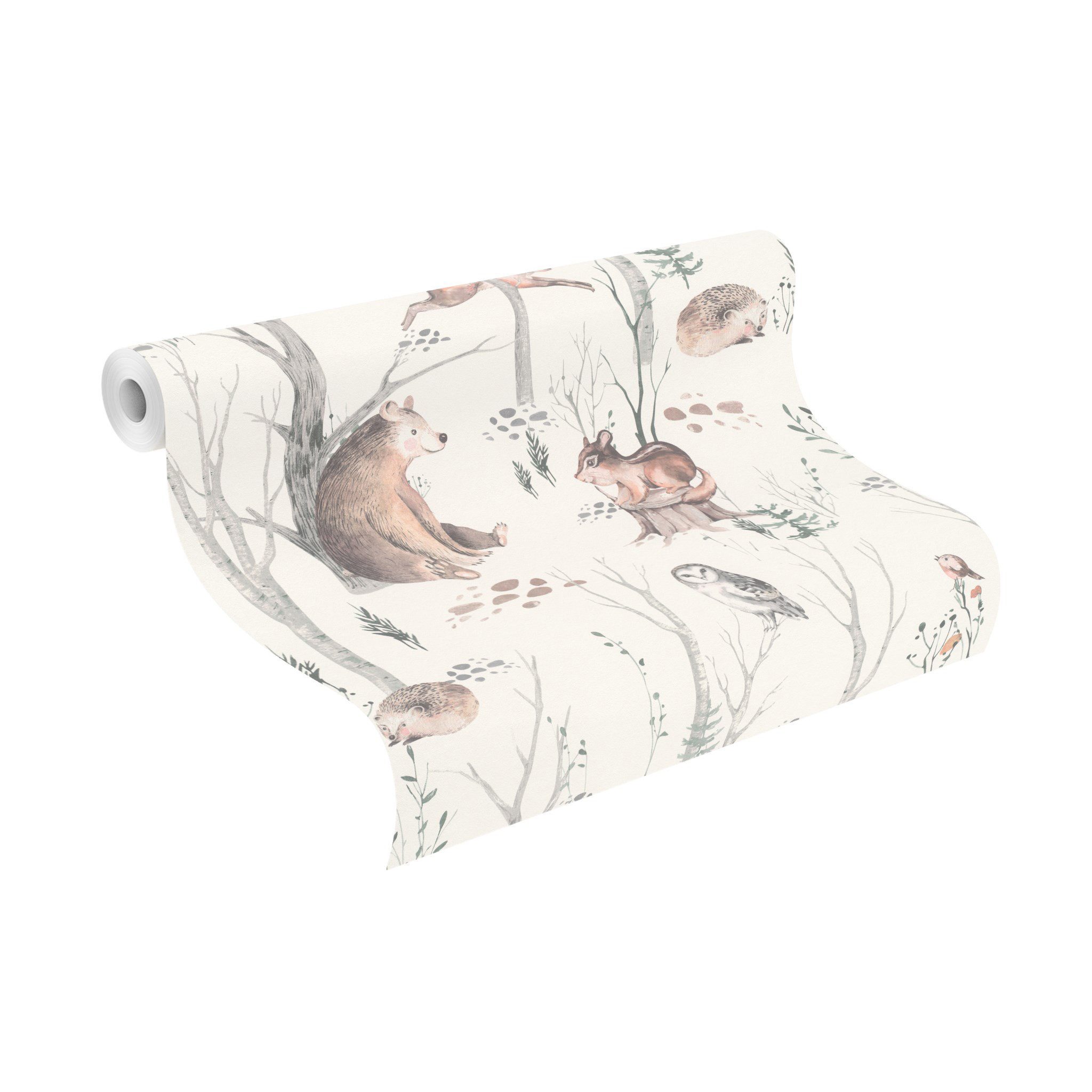 Rasch Vliestapete Waldtiere Beige Grau Braun Grün, Naturoptik, (1 Rolle, 1 St., Kollektion 'Kids World II' - 10,05 m x 0,53 m), gute Lichtbeständigkeit, feucht abwischbar, restlos abziehbar
