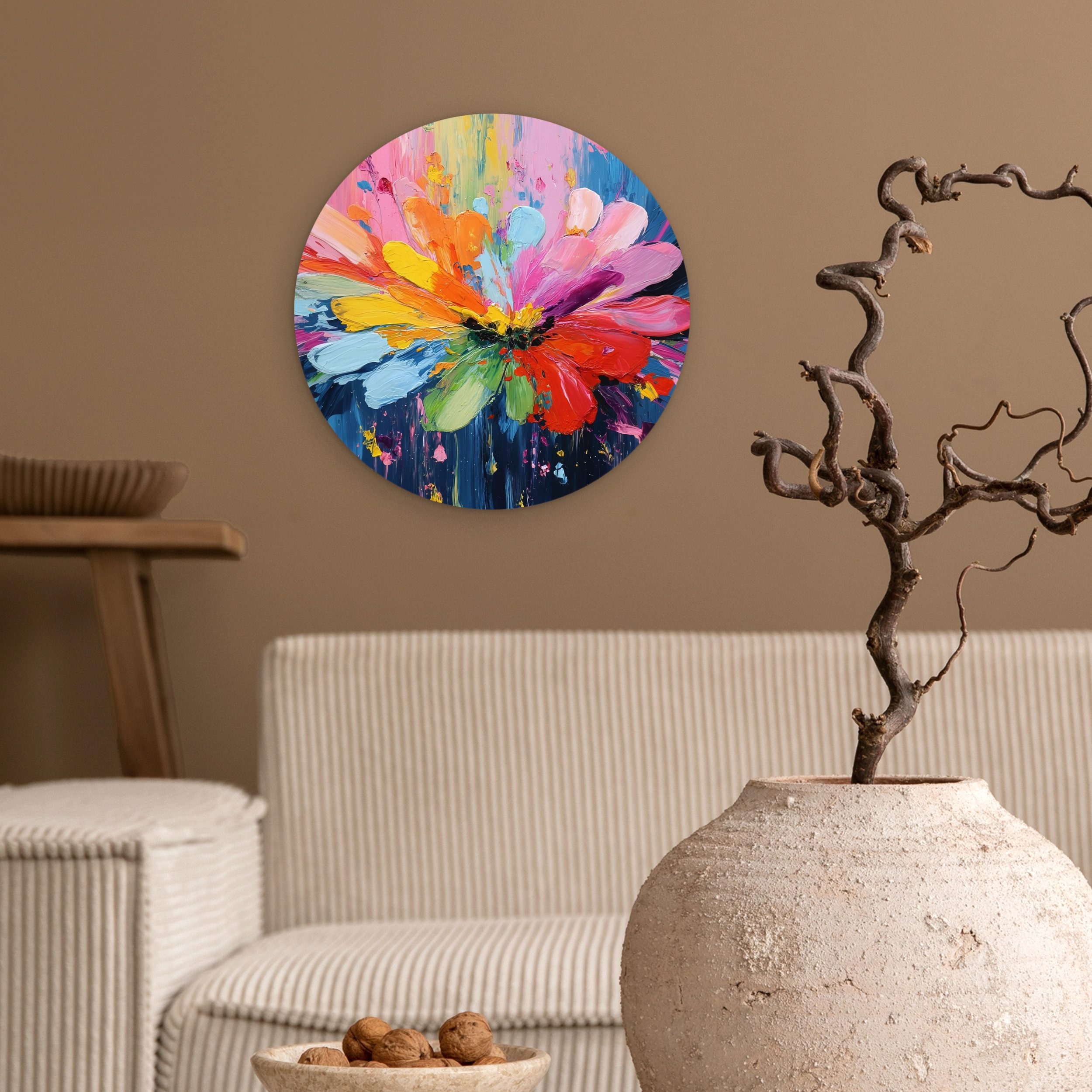 MuchoWow Gemälde Farbenrausch - Ausdrucksstarke Stimmung - Blume, Fotodruck (1 St), Kreis Wanddekoration, Rundes Wandbild, 30x30 cm