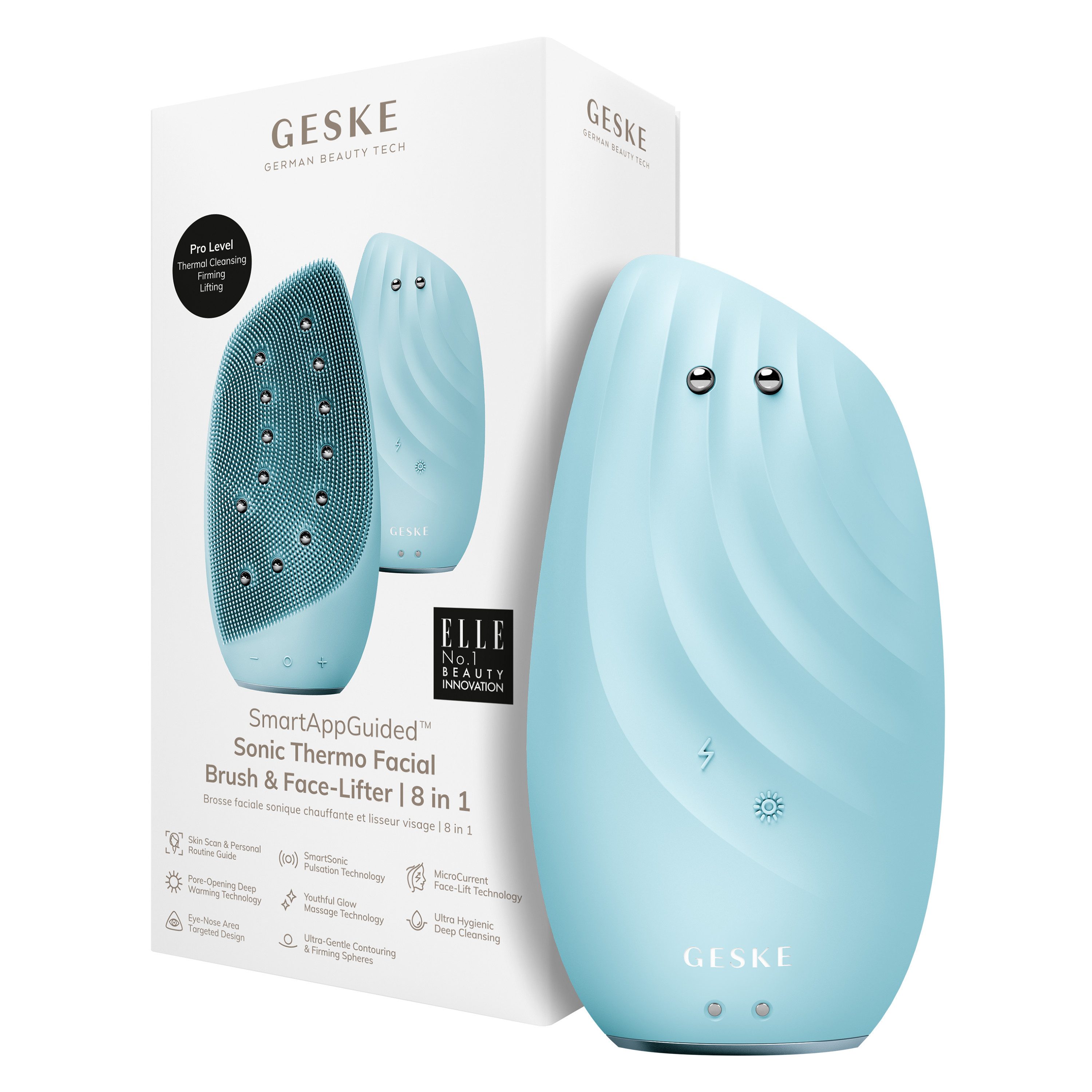 GESKE German Beauty Tech Elektrische Gesichtsreinigungsbürste SmartAppGuided™ Sonic Thermo Facial Brush & Face-Lifter 8 in 1, Packung (Gerät & USB-Ladekabel), 2-tlg., Gerät inkl. kostenloser APP (SmartAppGuided Device), Mit der GESKE App erhältst Du deine personalisierte Hautpflegeroutine.