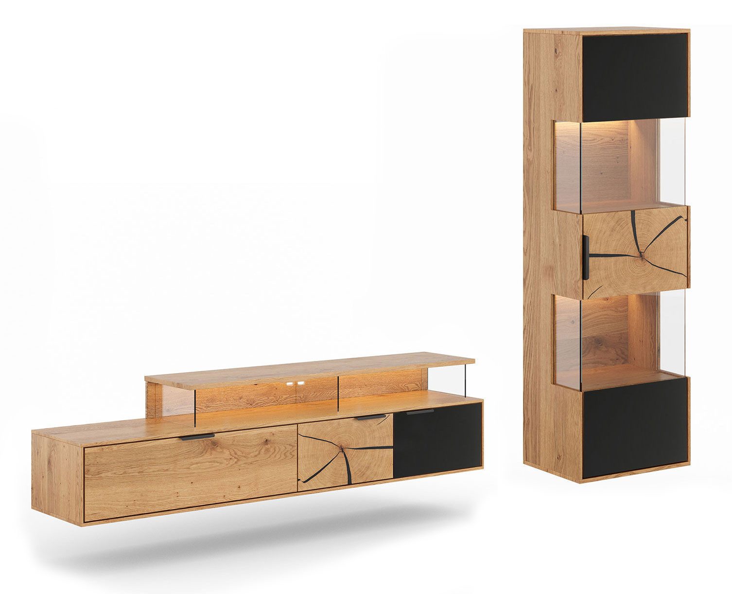 Feldmann-Wohnen Wohnwand Tirano, (mit Türen, mit Einlegeböden, mit Glaseinsatz, 2-St., Massivholz, geölte Oberfläche), Massivholz geölt 2er-Set Eiche Natur / Schwarz / Hirnholz