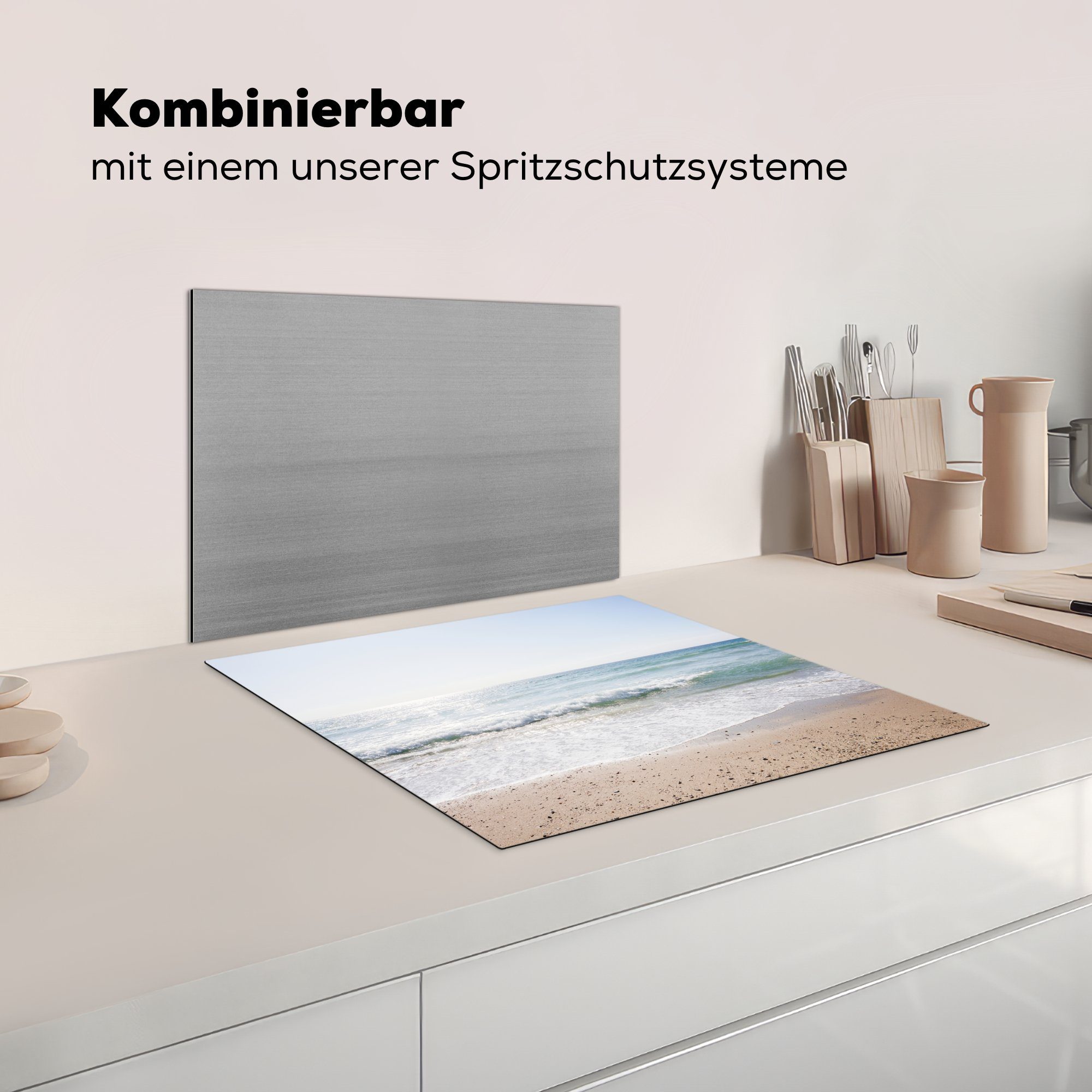 Vinyl, - Induktionsmatte die für cm, Türkis, Wasser - Ceranfeldabdeckung 59x52 tlg), Herdblende-/Abdeckplatte MuchoWow Strand küche, (1