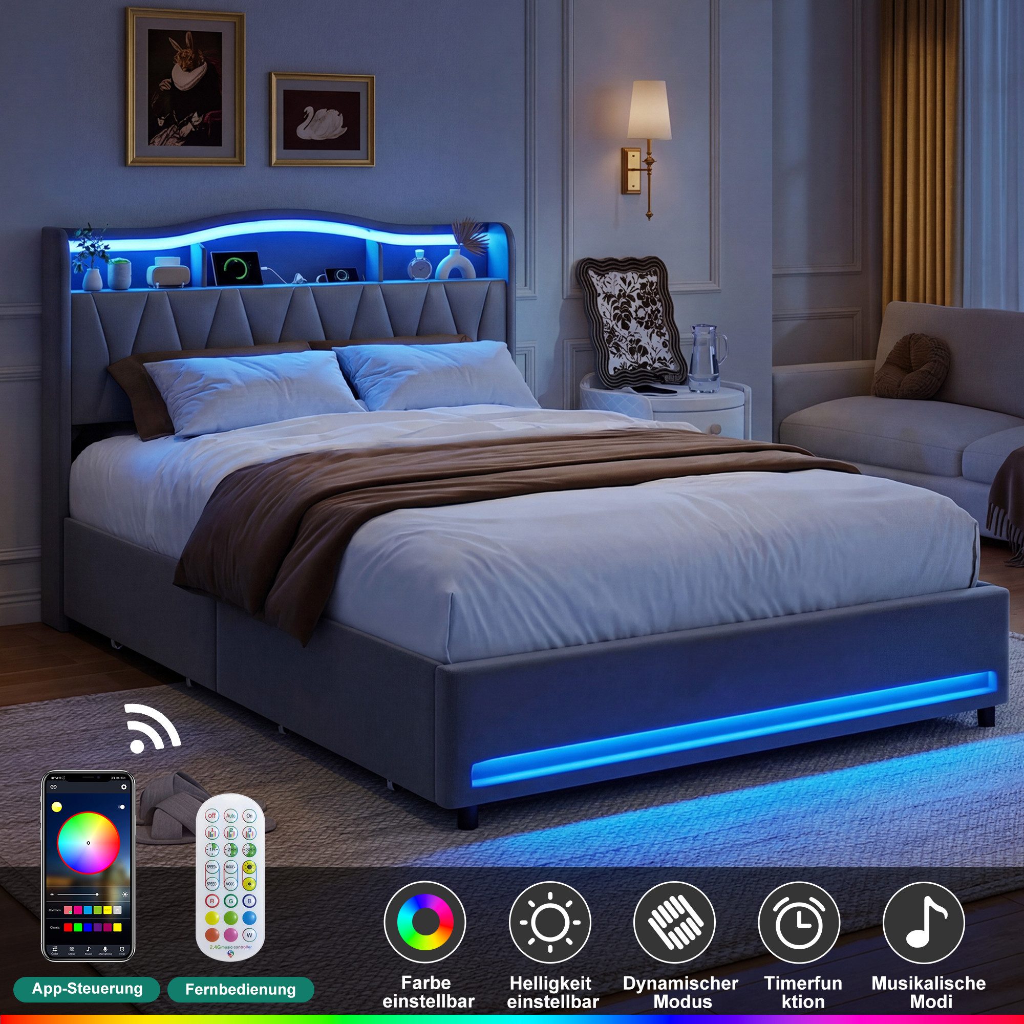 Simurq Polsterbett 160x200cm LED USB Stauraum Samt Grau (USB-Ladeanschluss), LED,USB,Stauraum,Samt,Grau,Lattenrost – Bild 5 von 5