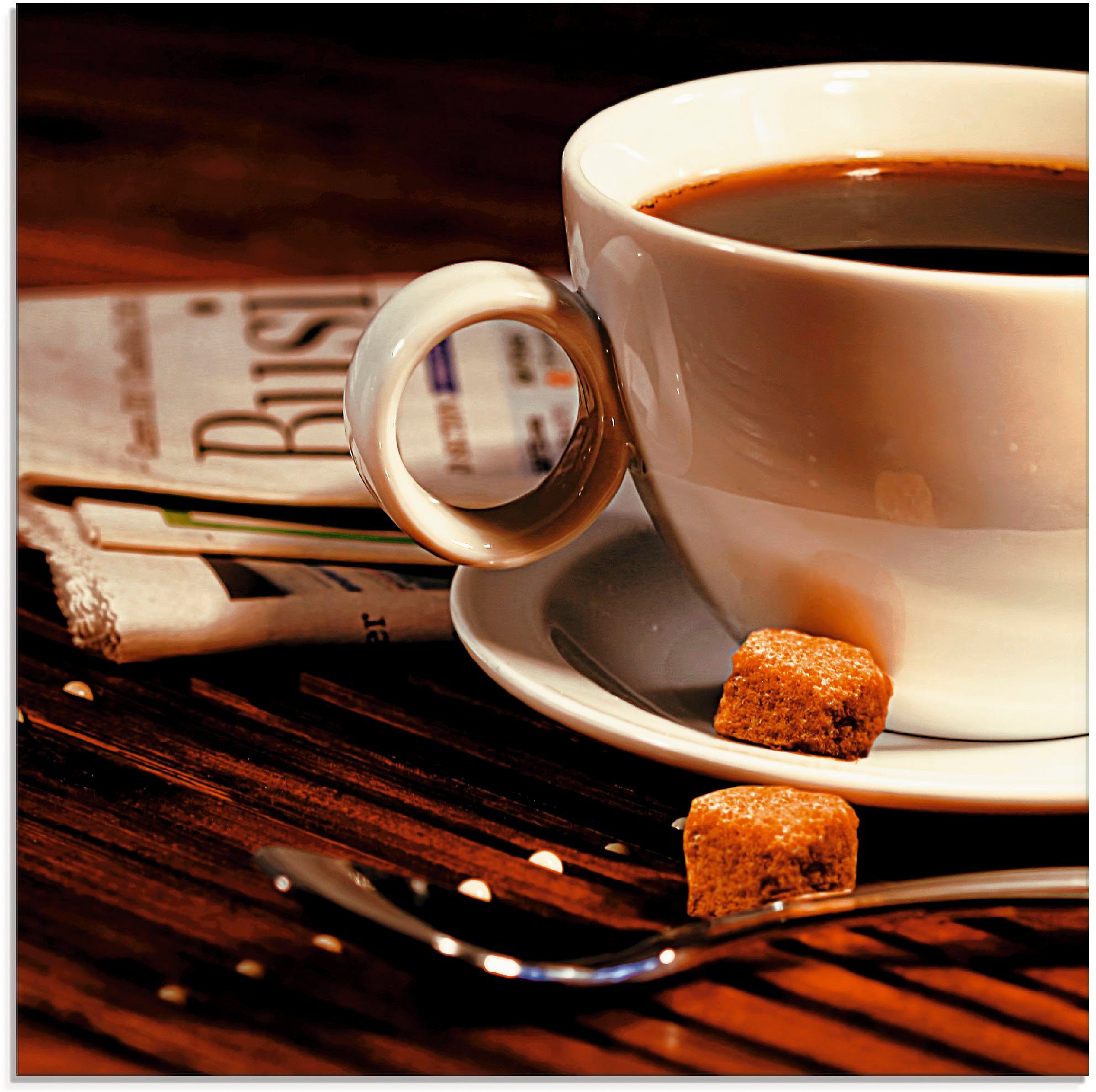 Glasbild Kaffeetasse und Zeitung