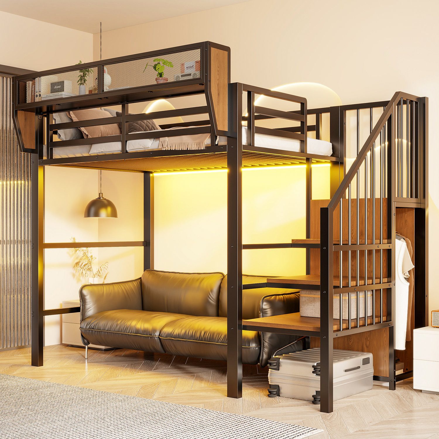 Odikalo Hochbett Metall-JugendEinzelbett mit LED-Lichtleiste langem Schreibtisch (mit Sicherheitsleiter und flexiblem Stauraum Metallbett Erwachsenenbett)