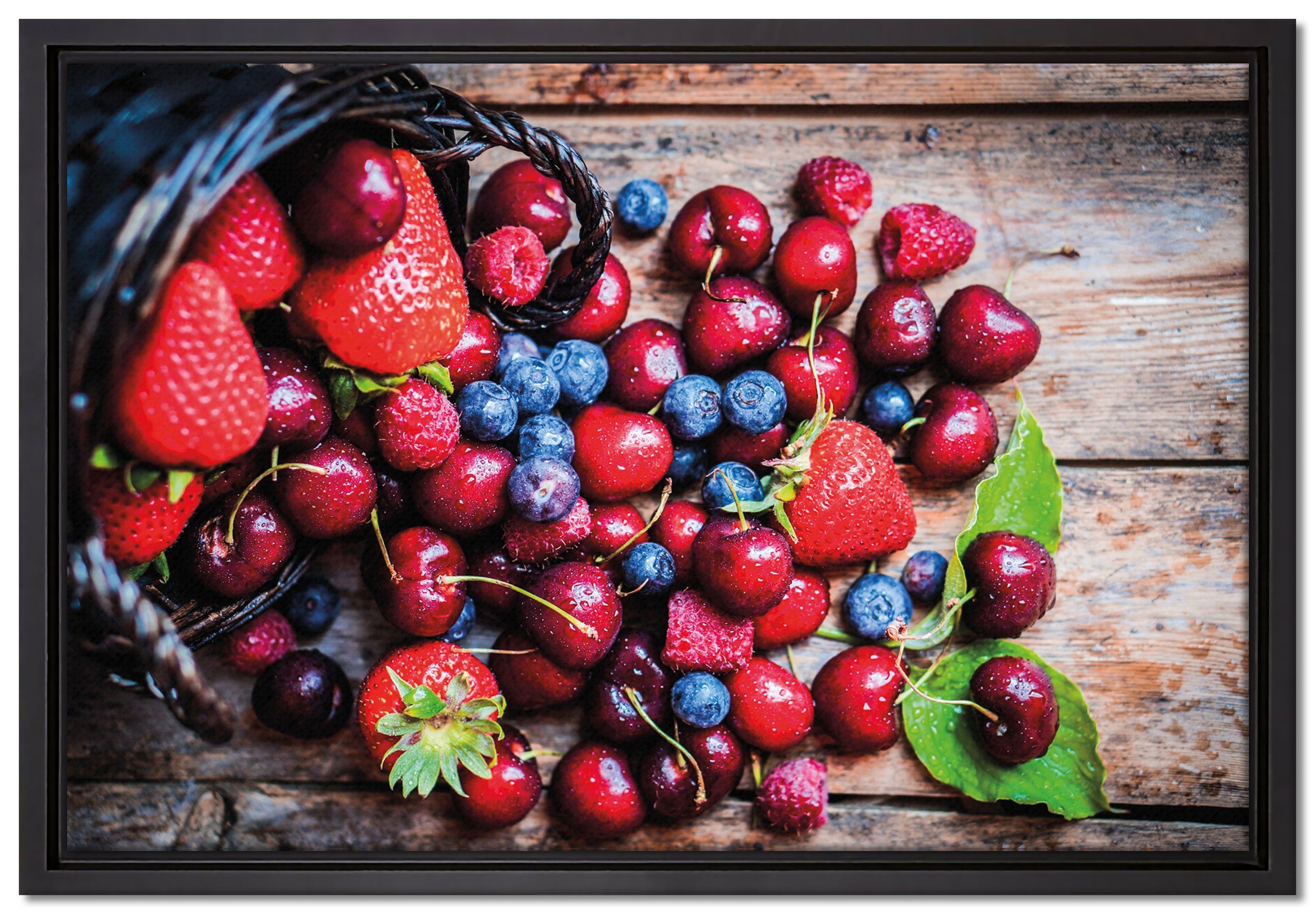 Pixxprint Leinwandbild Beerenfrüchte auf Holzdielen, Wanddekoration (1 St), Leinwandbild fertig bespannt, in einem Schattenfugen-Bilderrahmen gefasst, inkl. Zackenaufhänger
