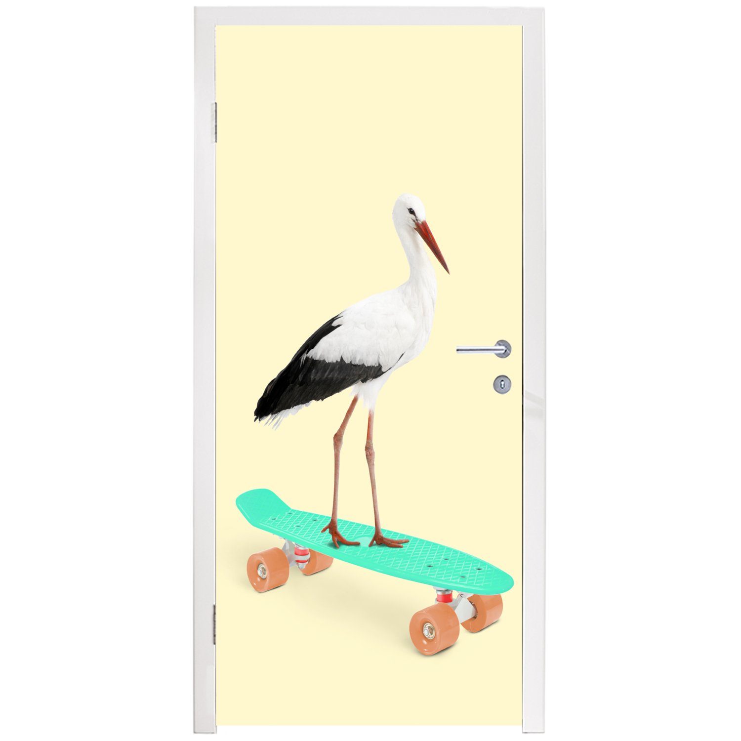 Fototapete Tür, Gelb, (1 - Tiere Matt, Türaufkleber, Türtapete - bedruckt, 75x205 St), cm Skateboard - Storch MuchoWow für