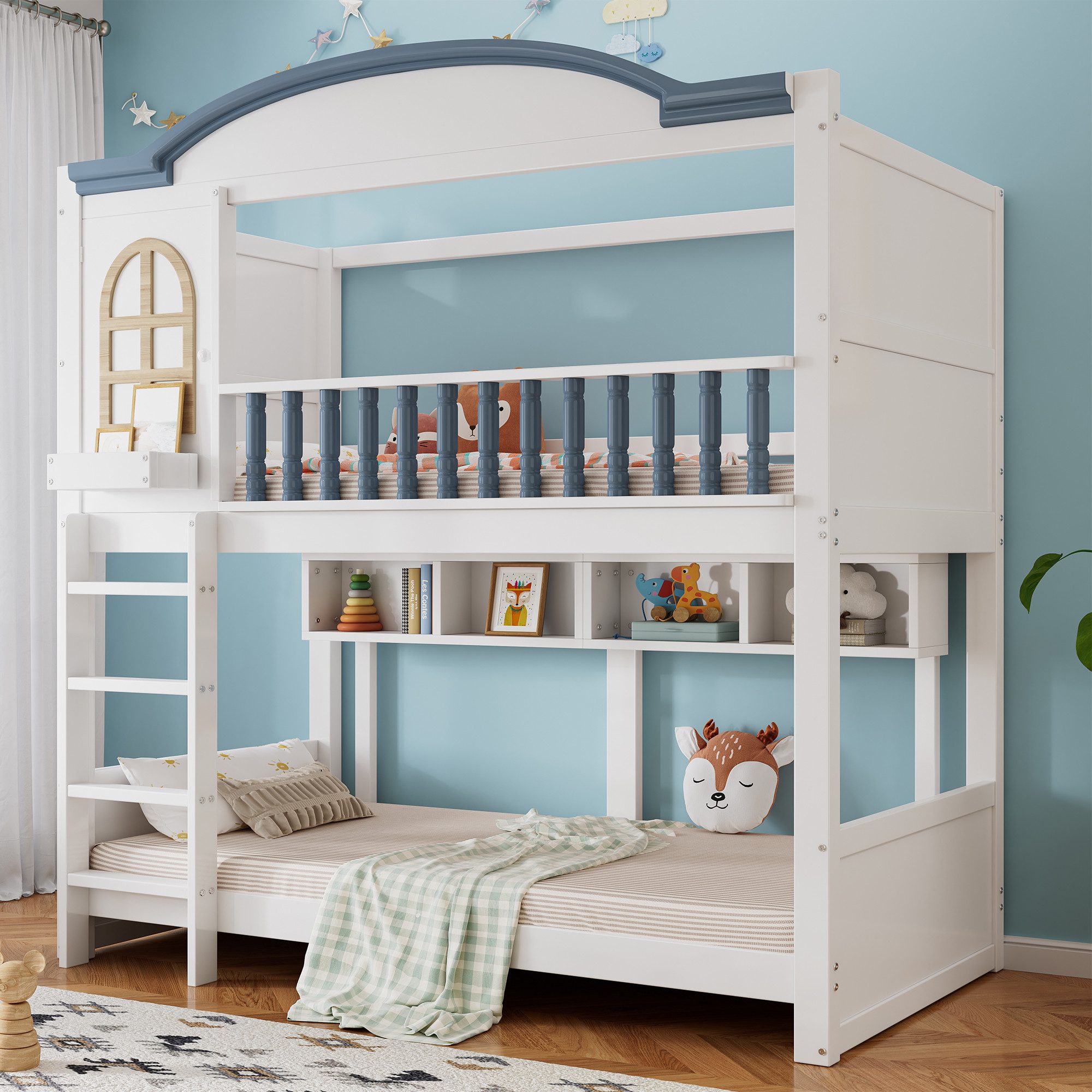 TavilaEcon Etagenbett Kinderbett mit Dach und Fenster, Offenes Regal, Massi günstig online kaufen