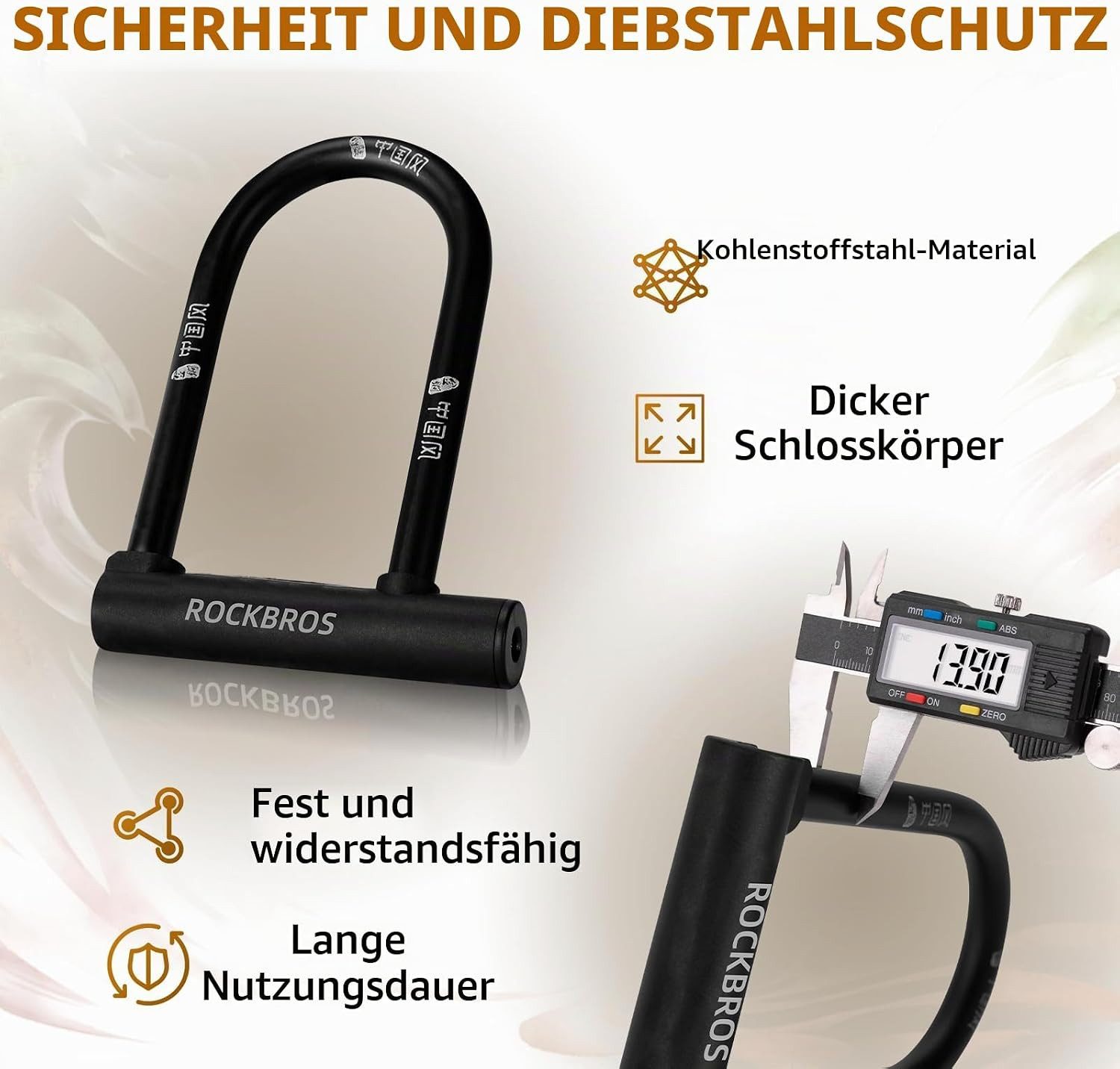 ROCKBROS Kabelschloss Bügelschloss mit Halterung, 2 Schlüsseln und wasserdicht
