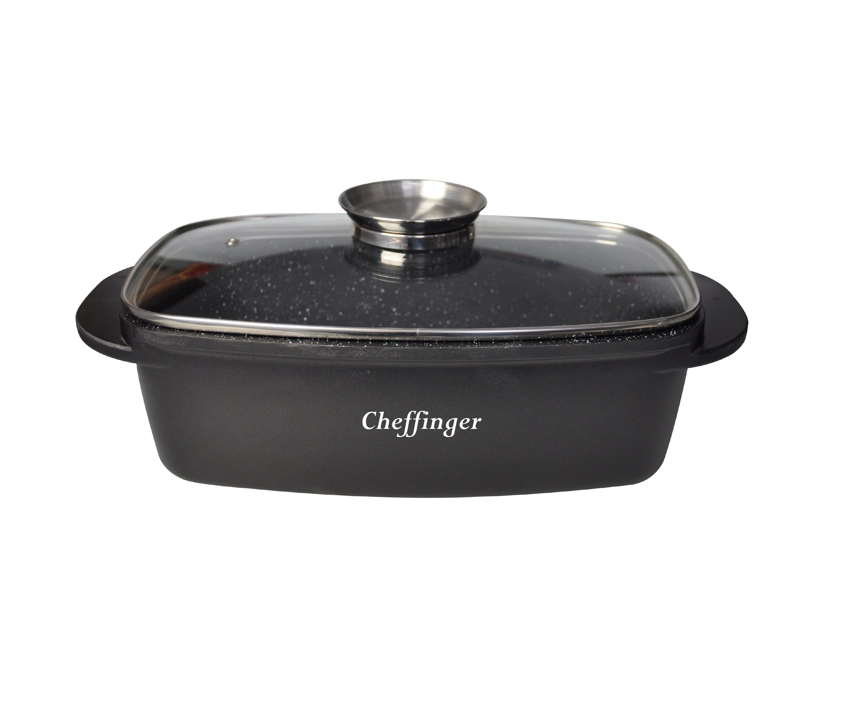 Cheffinger Schmortopf Alu Guss Bräter ø32cm mit Glasdeckel Induktion für alle Herdarten