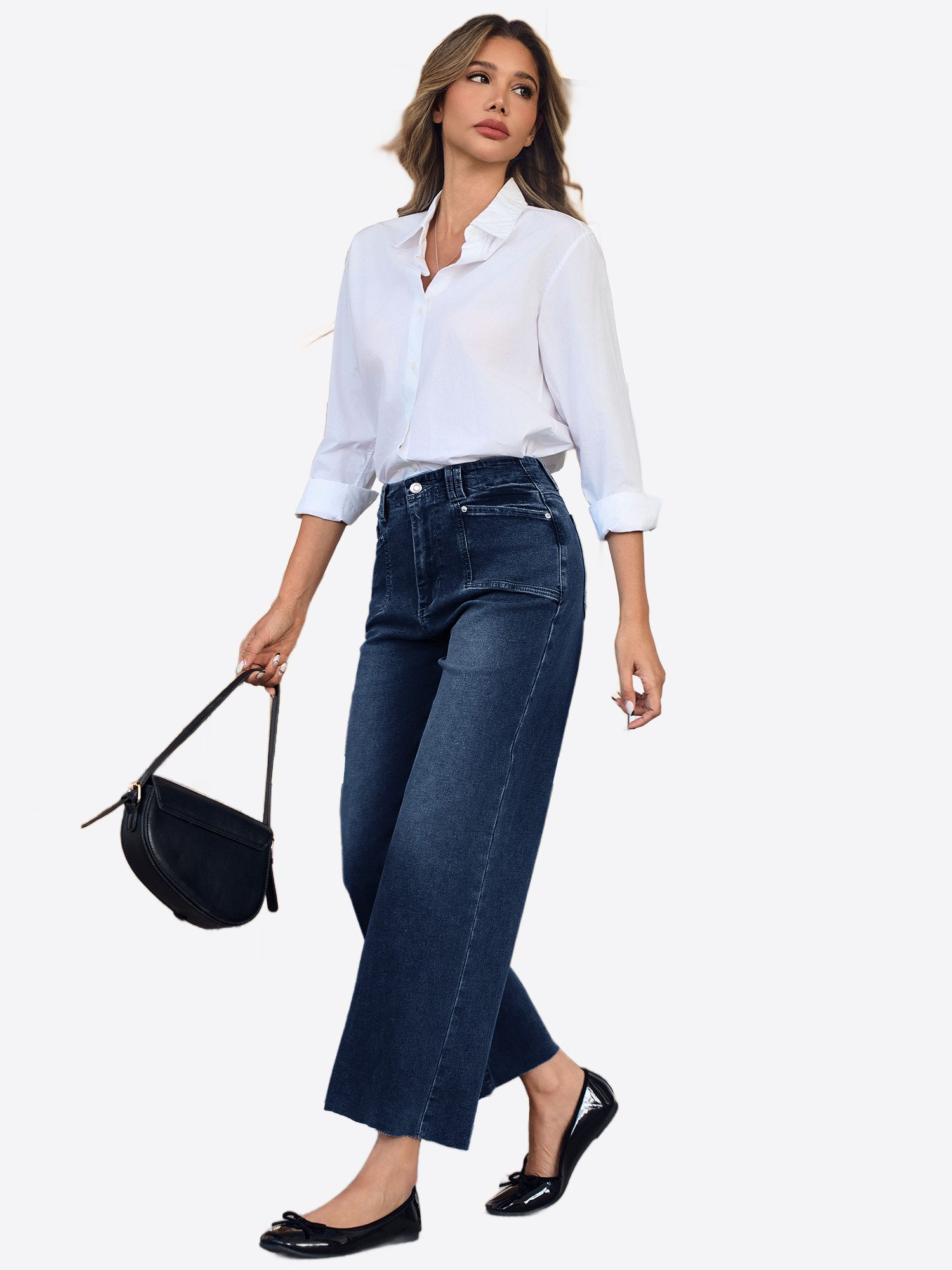 Imily Bela High-waist-Jeans Damen Cropped Dehnbare Baggy Geradem Weitem Bein Denim Baggy (Packung, 1-tlg., 1per-Pack) 4-Pocket Style in Unifarbe
