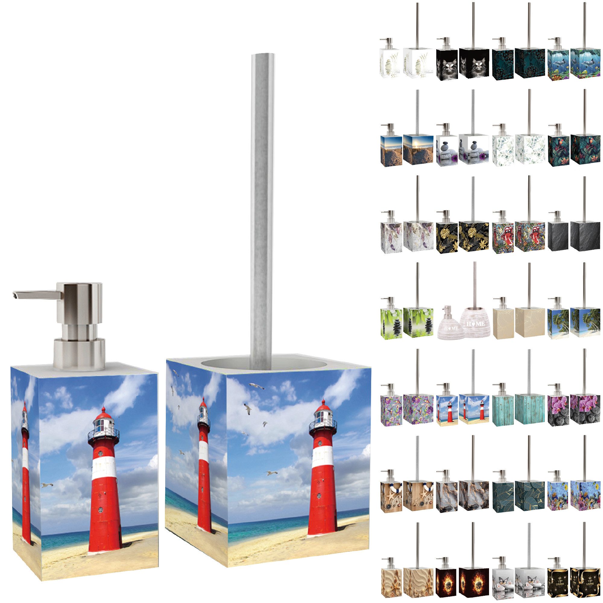 Sanilo Badaccessoire-Set mit Motiv, viele schöne Seifenspender und WC Bürsten zur Auswahl, Klobürste mit auswechselbaren Bürstenkopf, 2 tlg., 2-tlg., Desinfektionsspender mit stabiler Pumpe, hochwertig & modern