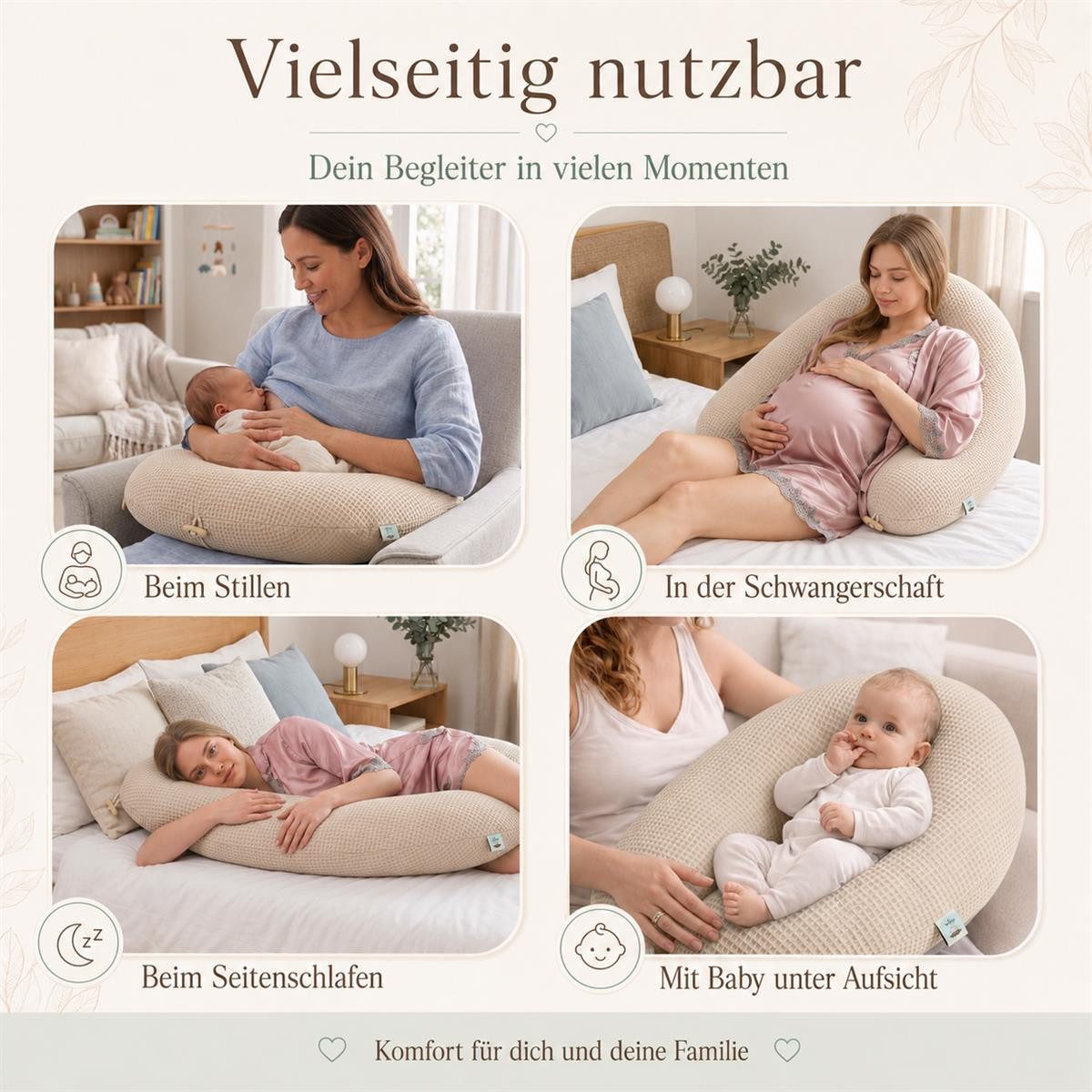 SEI Design Stillkissen Seitenschläferkissen Schwangerschaftskissen Waffelstoff 190cm Beige, Schwangerschaftskissen mit Bezug, 1-tlg., Schwangerschaftskissen mit Bezug, elastischer Waffeljersey Bezug