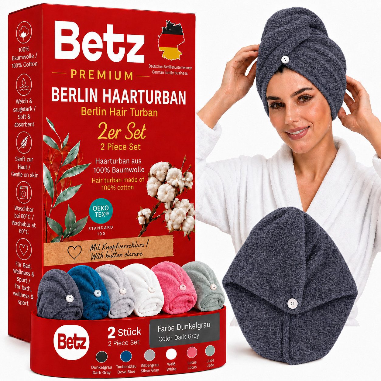 Betz Turban-Handtuch mit Knopf BERLIN Kopfhandtuch Haarturban, (2-St), mit Knopfverschluss