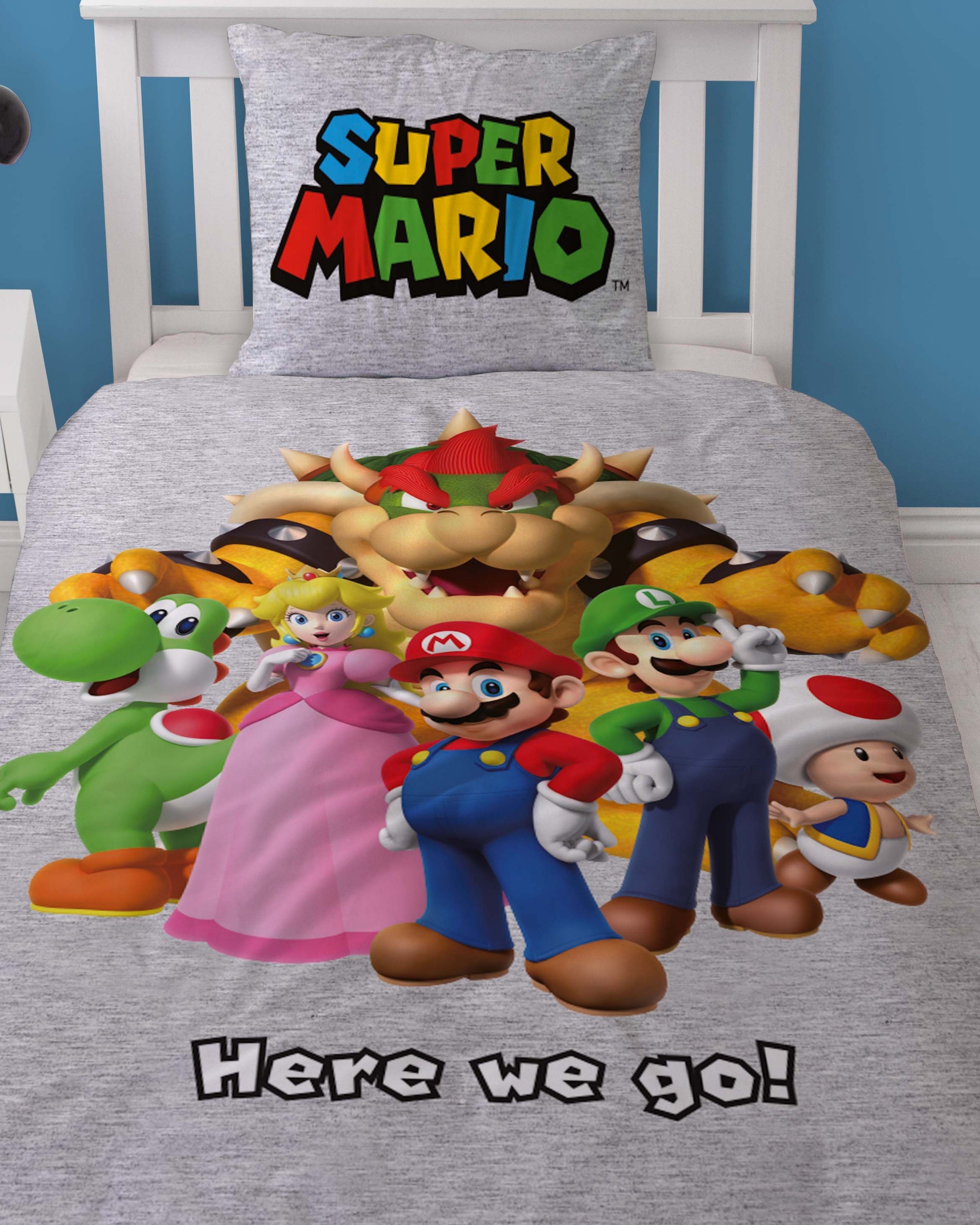 Bettwäsche Super Mario 135x200 + 80x80 cm, 100 % Baumwolle, MTOnlinehandel, Flanell, 2 teilig, lizenzierte Nintendo Biber Bettwäsche für Kinder & Teenager