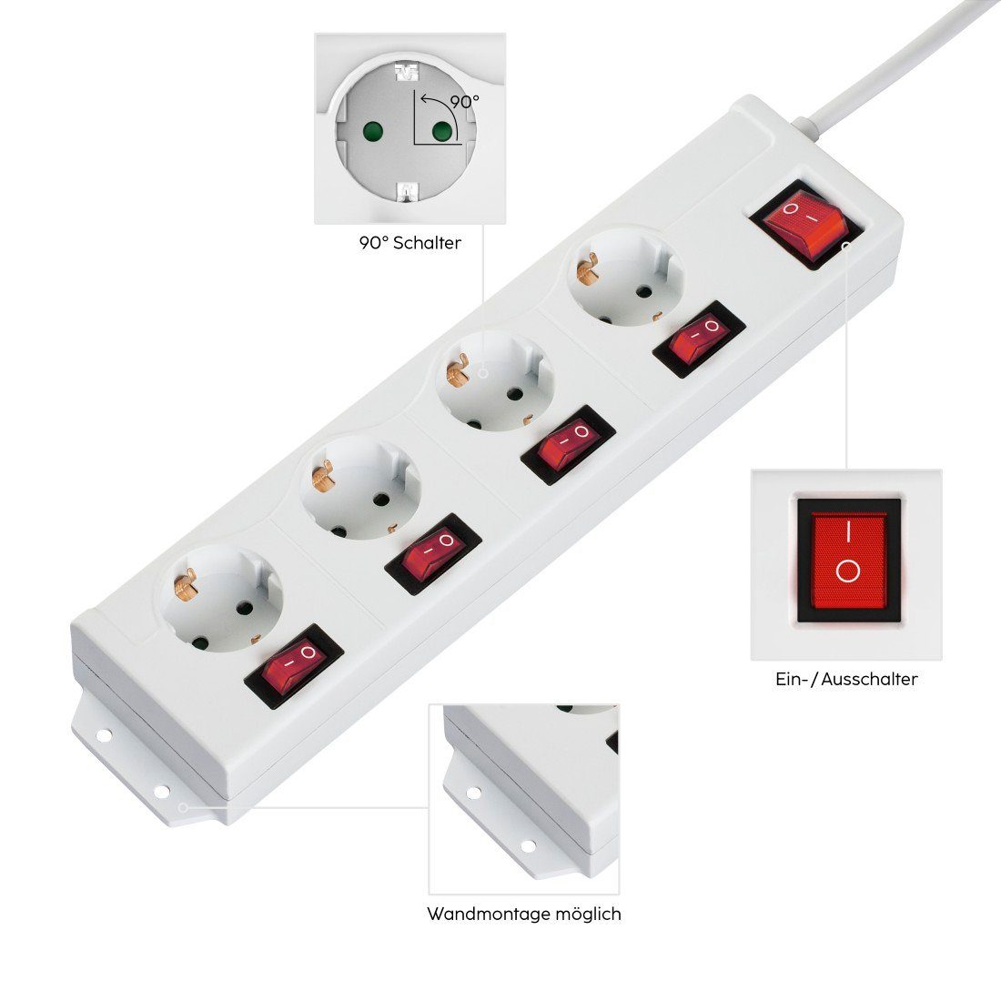 Hama Steckdosenleiste 4 fach, einzelne Schalter, zum Aufhängen, Wandmontage Steckdosenleiste 4-fach (Schalterbeleuchtung, separate Ein- / Ausschalter, Schutzkontaktkupplung, Kabellänge 1,4 m), Mehrfachsteckdose, 1,4 m, Kunststoff, gedrehte Steckdoseneinsätze