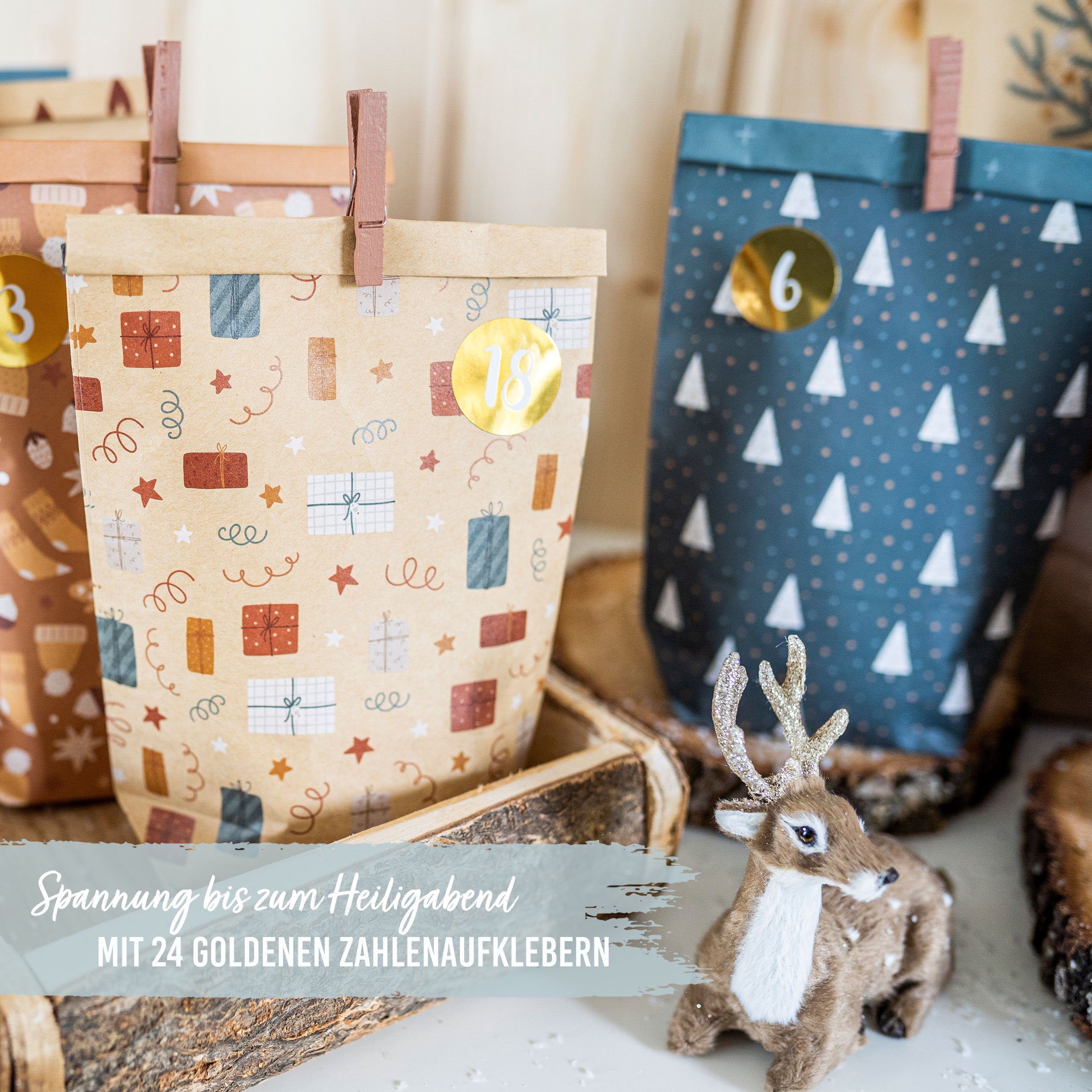 PAPIERDRACHEN befüllbarer Adventskalender Adventskalender mit bedruckten Tüten, Adventskalender zum selber befüllen