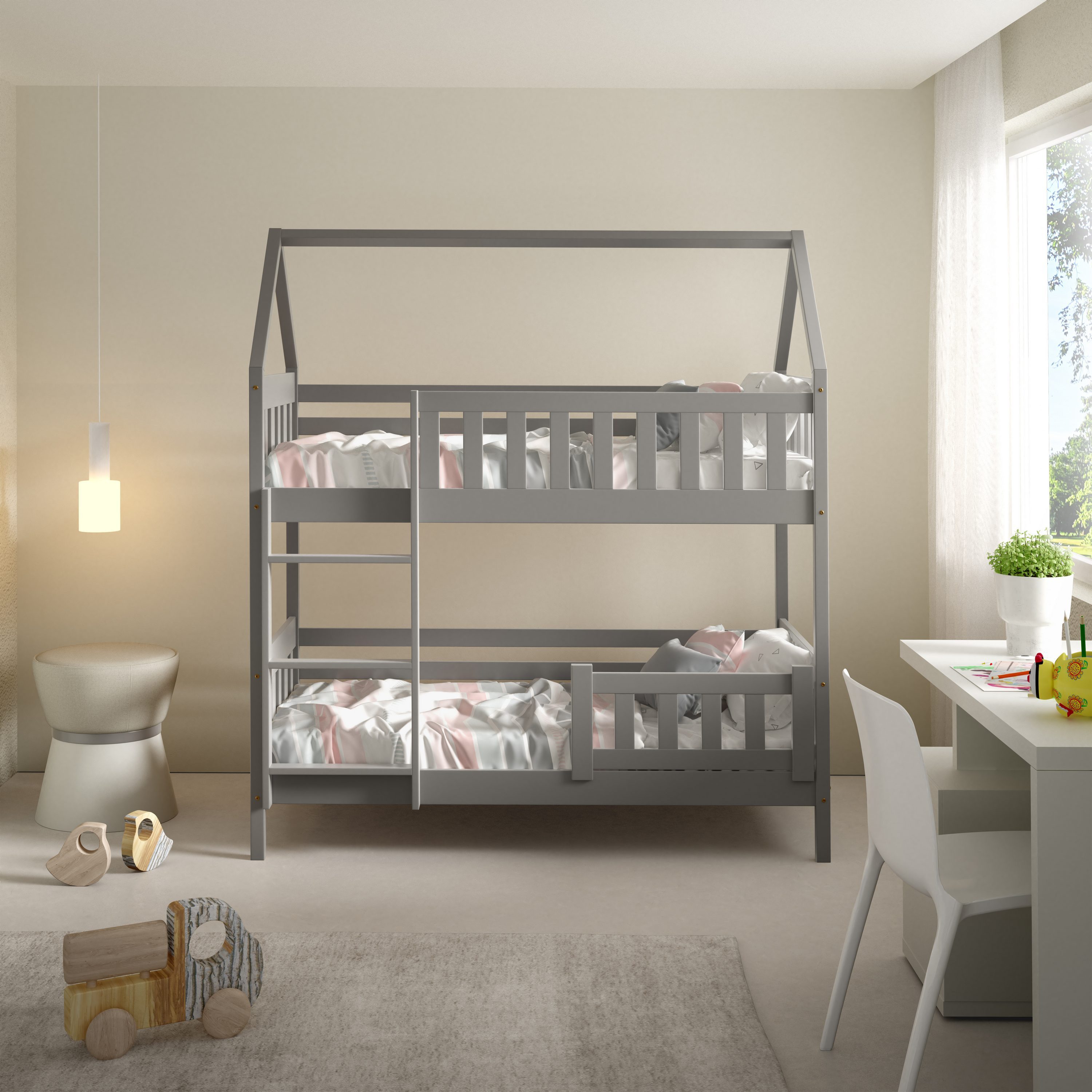 Masseno Etagenbett ELENA 80x160 cm Hochbett Kinderbett Massivholz Grau