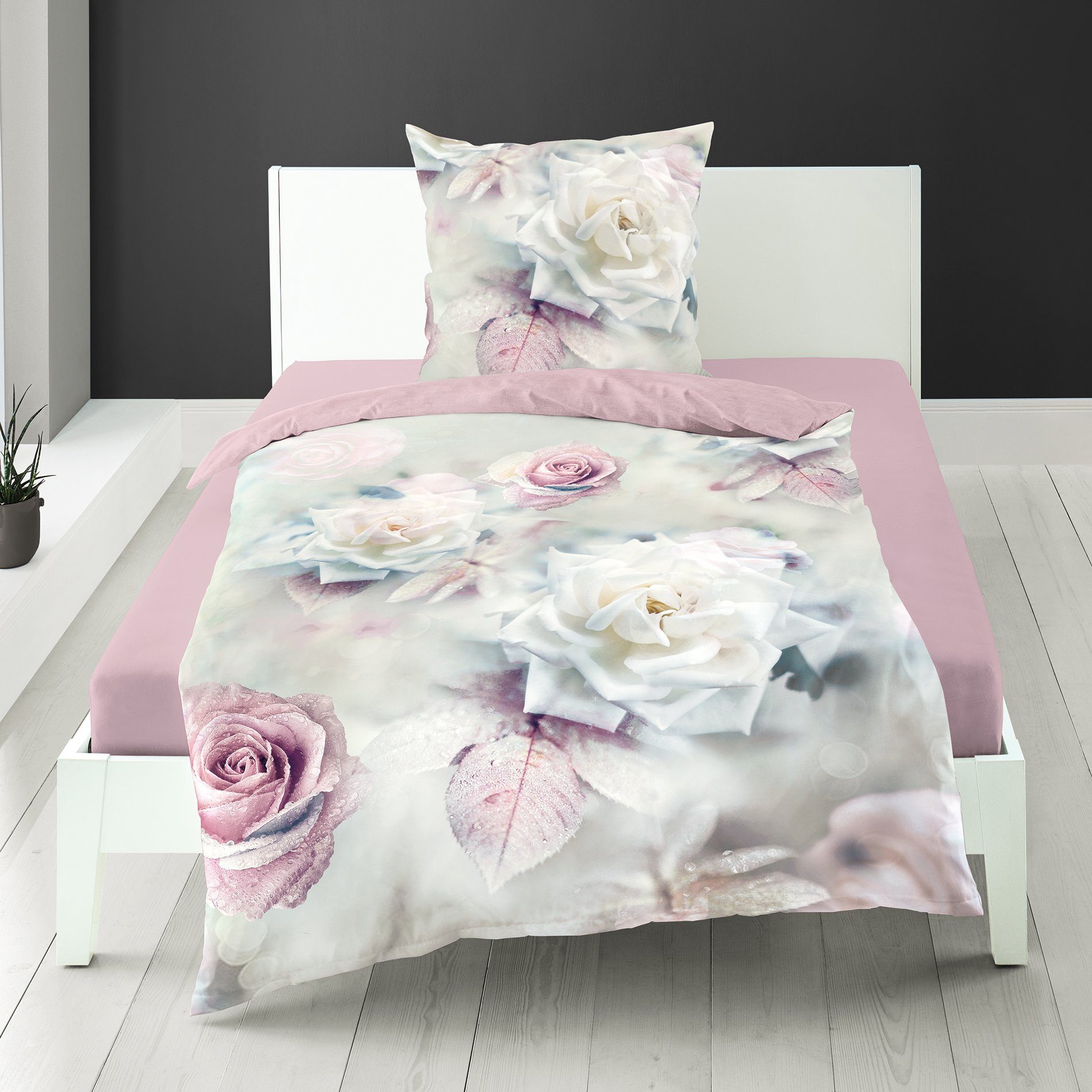 Traumschloss Bettwäsche Digital Mako-Satin, Mako-Satin, 2 teilig, Rosen in weiß und rosé