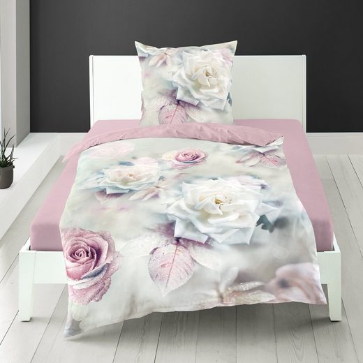 Bettwäsche »Digital Mako-Satin«, Traumschloss, Rosen in weiß und rosé
