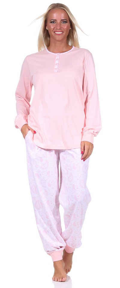 Normann Pyjama Damen Schlafanzug mit Knopfleiste und Paysley gemusterter Hose