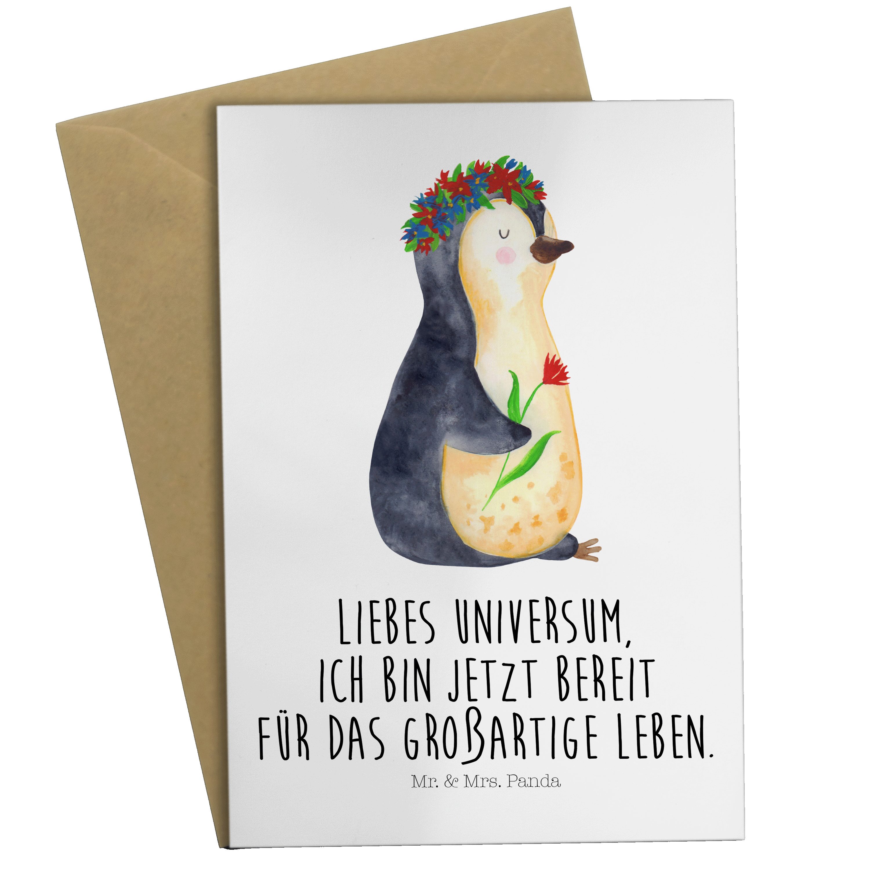 Mr. & Mrs. Panda Grußkarte Pinguin Blumenkranz - Weiß - Geschenk, Glückwunschkarte, Geburtstagsk | Grußkarten