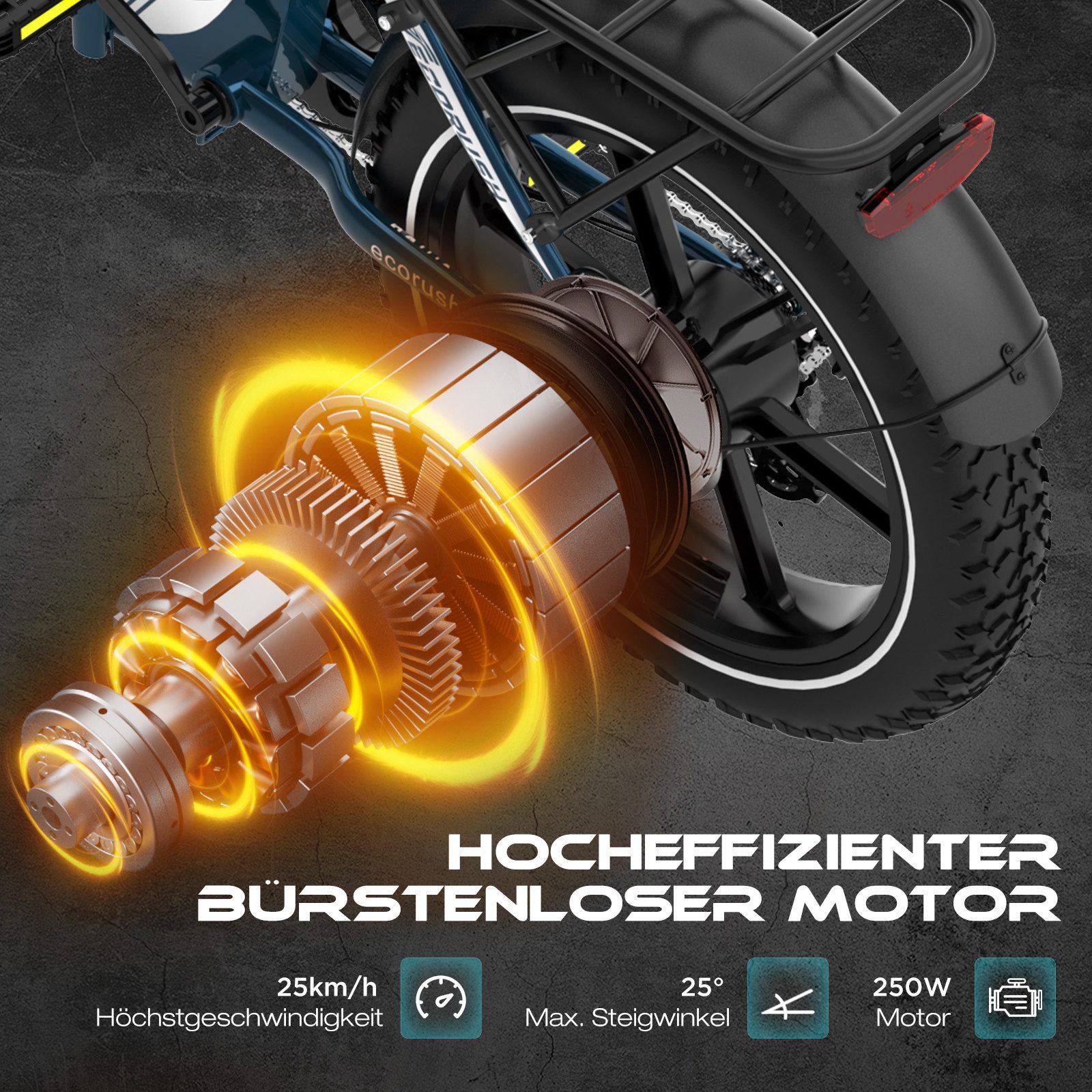 ECORUSH E-Bike Faltrad R2 20*4,0 Zoll Elektrofahrrad bis zu 60-100km, 7 Gang shimano shimano Schaltwerk, Kettenschaltung, Heckmotor, 499,2 Wh, Faltrad, MTB E Mountainbike, Pedelec für Damen u. Herren