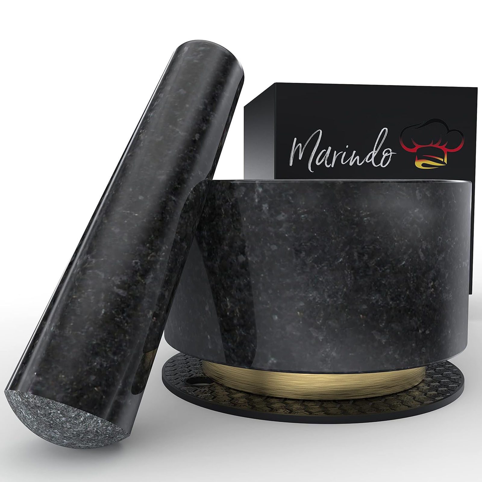 Marindo Mörser XL Granitmörser Gewürzmörser Groß Küchenmörser Steinmörser, mit Stößel und Rutschfeste Untersetzer ⌀ 14 x 8 cm